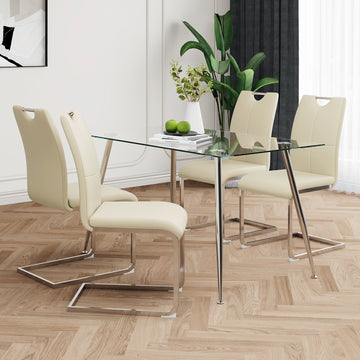 Modern Simple Rectangular Glass Dining Table, Solid Tempered Glass Tabletop, Electroplated Table Legs, Light Yellow Pu Dining Chair Set, Suitable For Restaurant Kitchen Use Set Of 5 Upholstered Chair Glass Light Yellow Seats 4 Metal Rectangular Dining