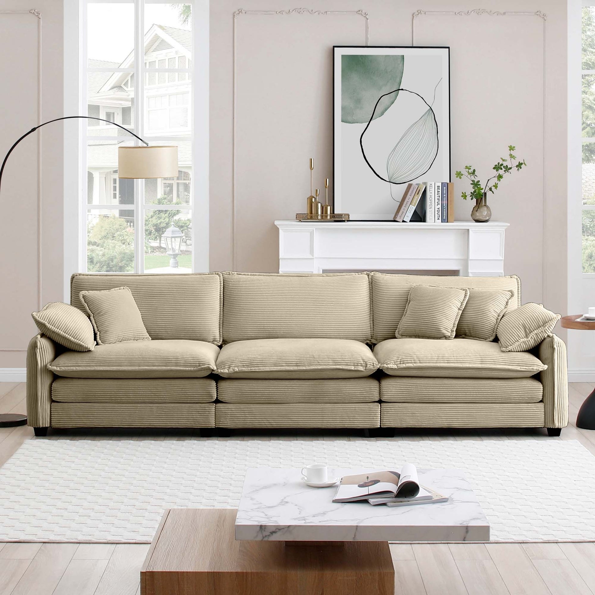 Mid Century Modern 3 Seater Sectional Sofa With 2 Arm Pillows And 3 Throw Pillows,Tan Corduroy Fabric Tan Corduroy 3 Seat