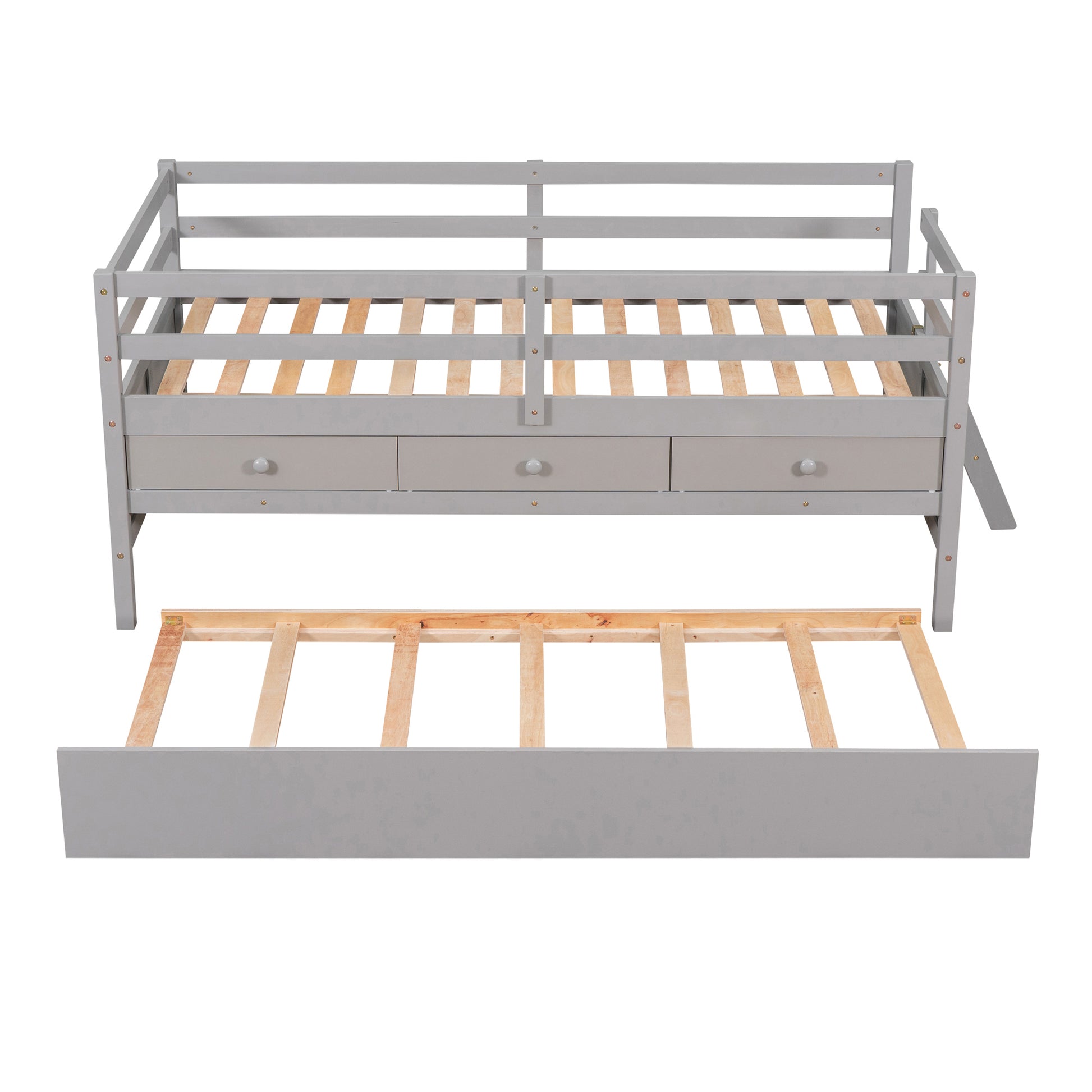 Low Loft Bed Twin Size With Full Safety Fence, Climbing Ladder, Storage Drawers And Trundle Gray Solid Wood Bed Gray Solid Wood