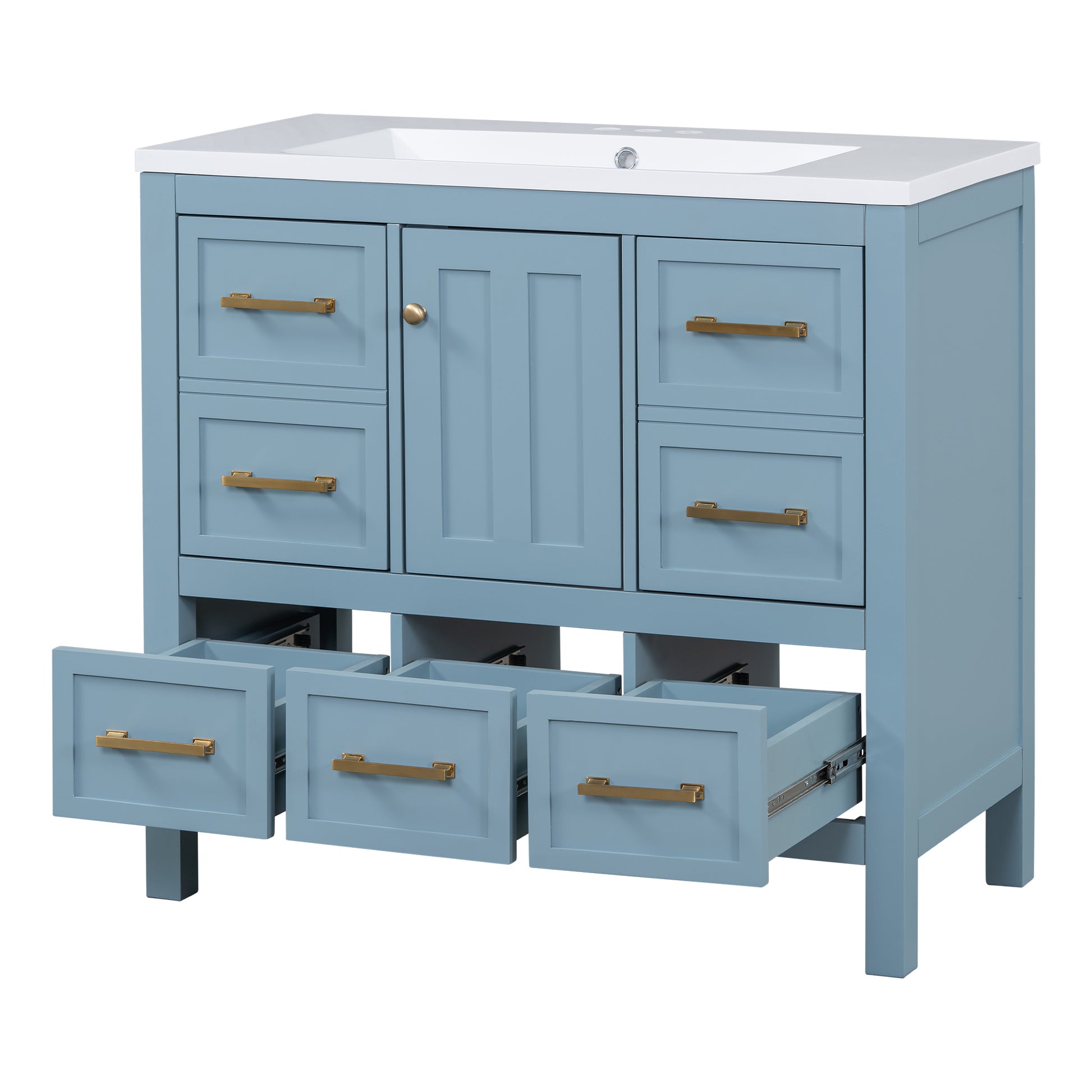 36'' Bathroom Vanity With Resin Sink Combo, Solid Wood Frame Bathroom Storage Cabinet, Freestanding Vanity Set With 5 Drawers& Soft Closing Doors Same As Sw000142Aam Blue Bathroom Solid Wood Mdf Resin