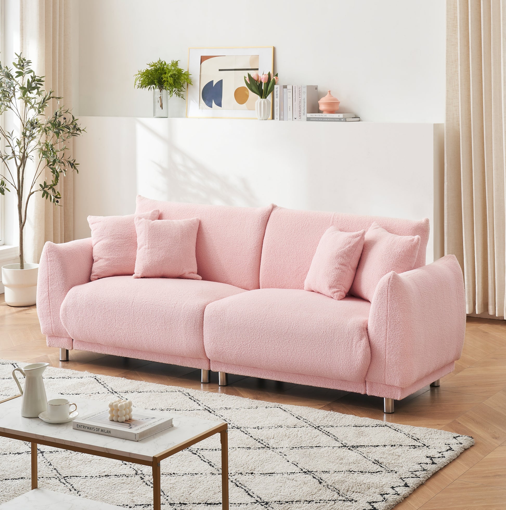 The 86.6 Inch Teddy Fleece Pink Sofa With Four Throw Pillows And Hardware Feet Can Sit Comfortably In An Apartment Bedroom Without Taking Up Space Pink Fabric 2 Seat