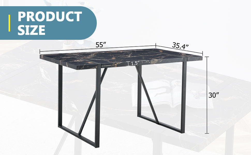 Industrial Rectangular Mdf Black Dining Table For 4 6 People With 1.5 Inch Thick Mdf Top And Black Metal Legs For Work Desk, Kitchen, Terrace, Dining Room Black Mdf