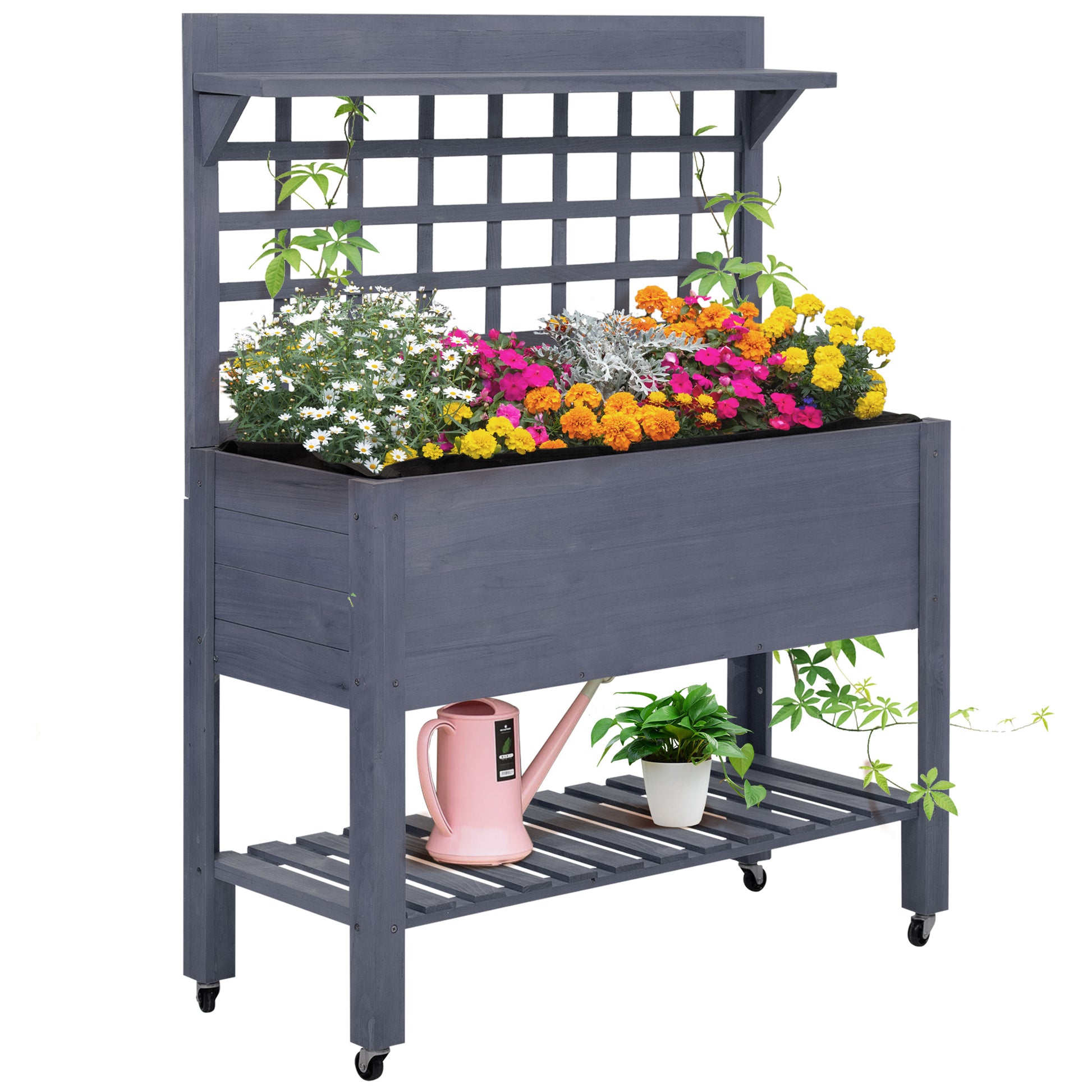raised garden planter with trellis Outsunny 41" Raised Garden Bed With Trellis On Wheels, Wooden Elevated