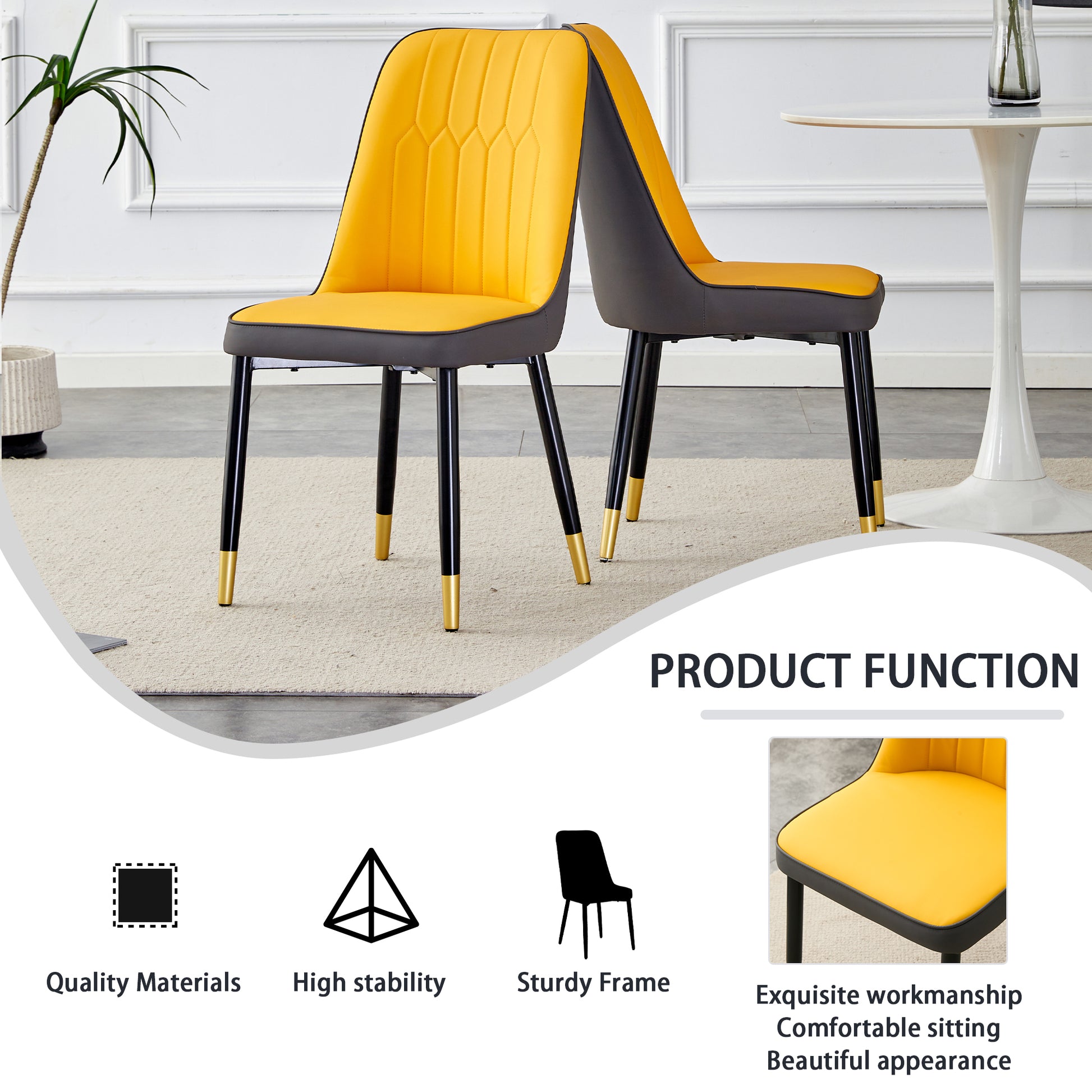 Large Modern Minimalist Rectangular Dining Table With 0.39 "Imitation Marble Black Tabletop And Golden Metal Legs, Paired With Chairs With Pu Cushions And Black Metal Legs. F 1537 C 007 Black Gold Glass Metal
