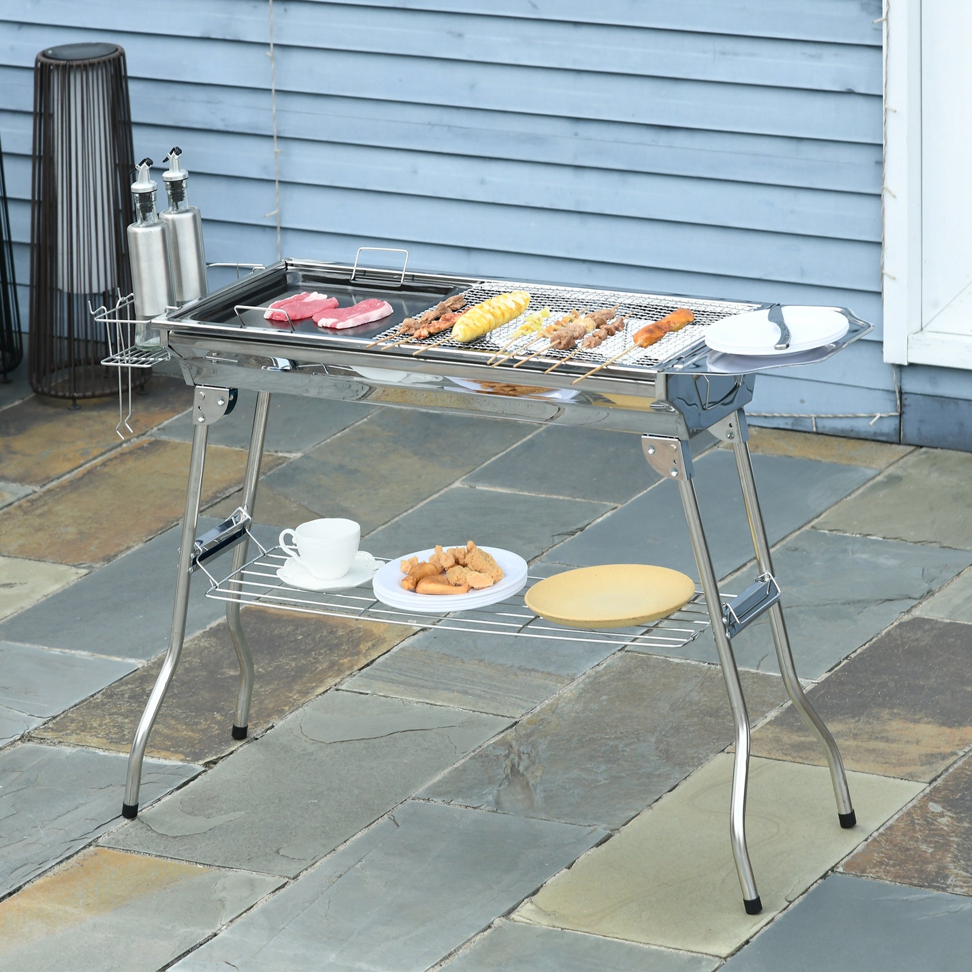 Outsunny Charcoal Grill, Stainless Steel Portable Folding Bbq, Outdoor Hibachi For Backyard Cooking, Camping, Picnic, Party, Tailgating And Travel With Pan, Grill Rack, Shelves, And Hooks Silver Stainless Steel