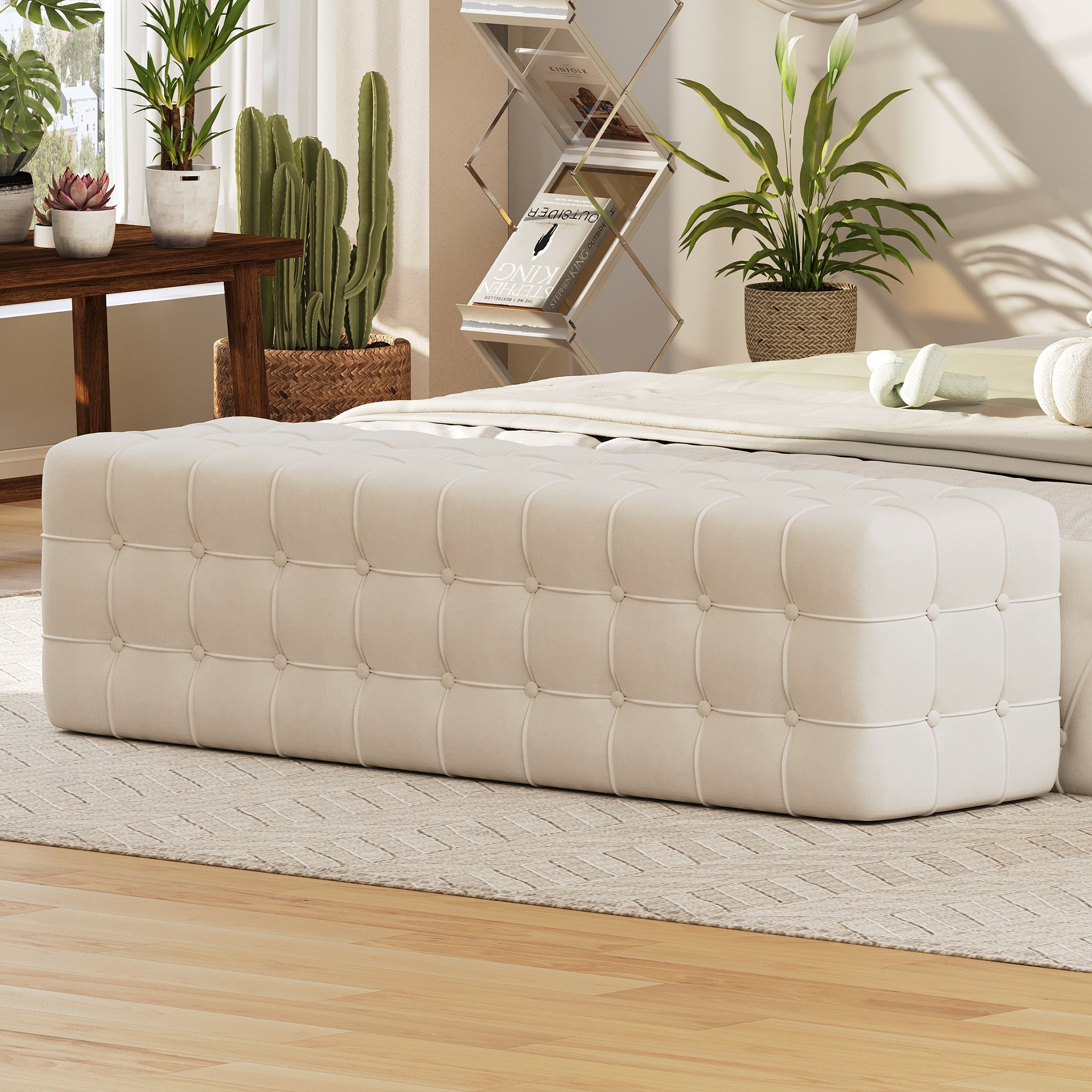 All Covered Velvet Upholstered Ottoman, Rectangular Footstool, Bedroom Footstool, No Assembly Required, Elegant And Luxurious, White White Mdf