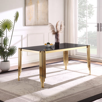 65" Rectangle Glass Dining Table, Tempered Glass Tabletop And Polished Gold Legs, Modern Style Table For Home, Kitchen. Dining Room Golden Black Dining Room Modern Freestanding Rectangular