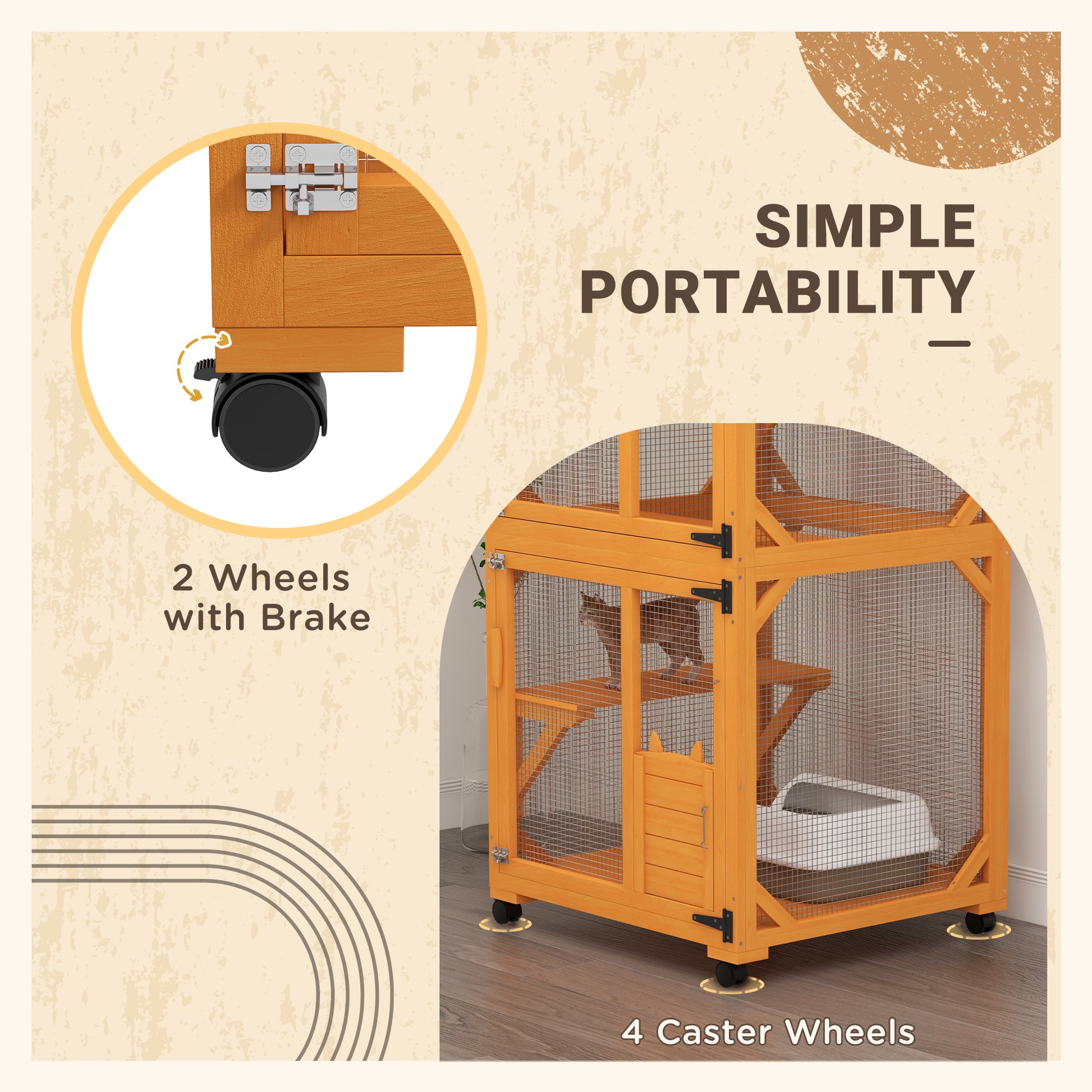 Pawhut Large Cat House With High Up Resting Box, 71" Wooden Catio With Asphalt Roof, Indoor & Outdoor Cat Enclosure On Wheels, For 1 3 Cats, Orange Orange Wood