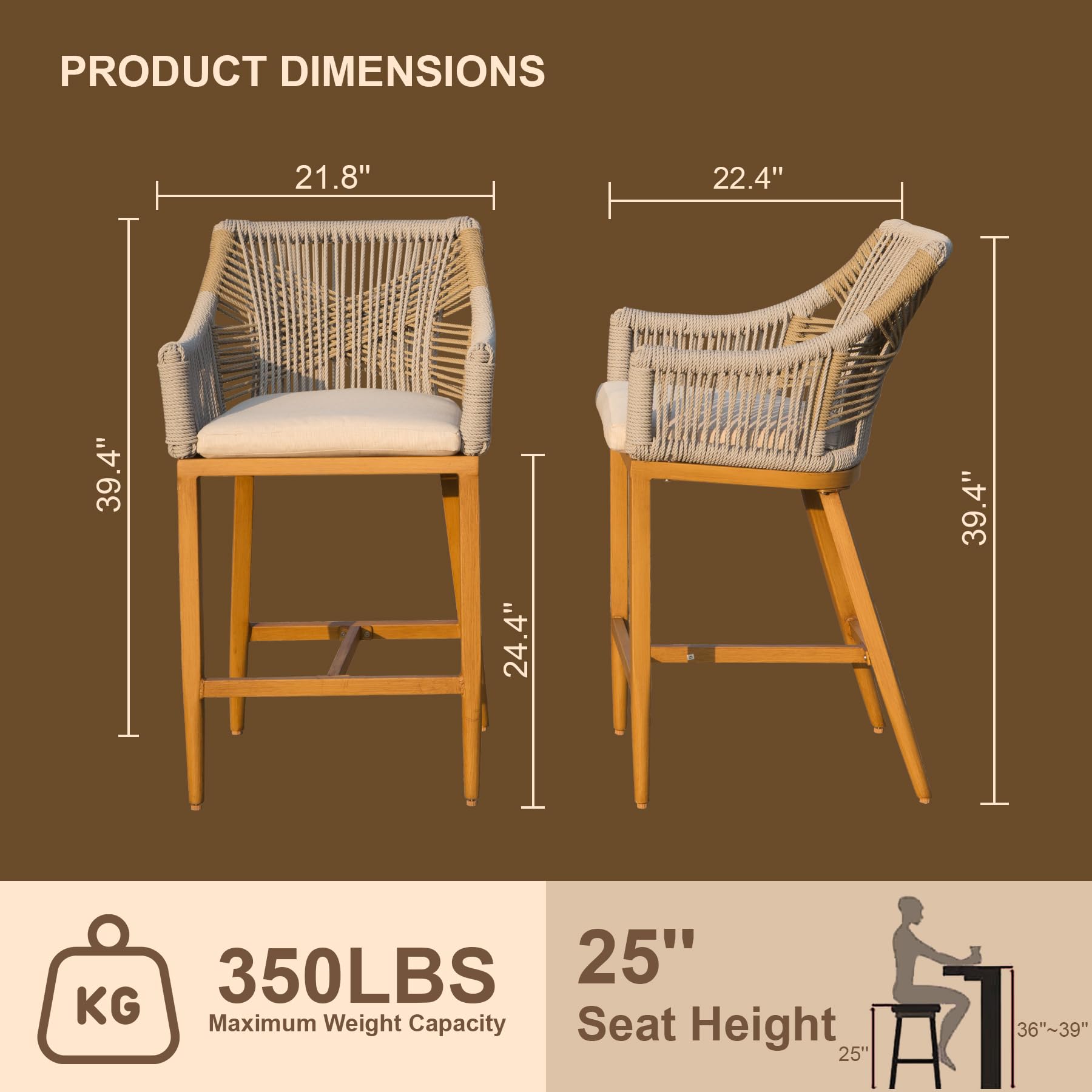 Bar Stools Set Of 2, Outdoor Counter Height Bar Chairs With Arm And Backrest, Aluminum Tall Bar Stools With Cushion Modern Textilene Rope Boho Barstools For Garden, Pool, Patio, Kitchen Square Backres Yes Khaki Garden & Outdoor 2 Person Seating Group