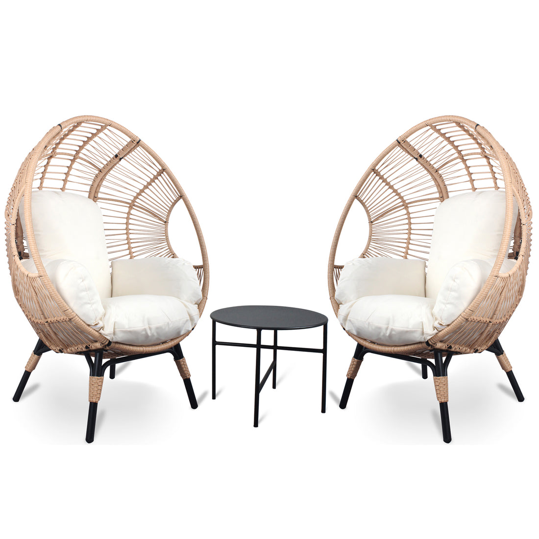 3 Pieces Patio Egg Chairs Model 2 With Side Table Set,Natural Color Pe Rattan And Beige Cushion Yes Natural Complete Patio Sets Foam Steel