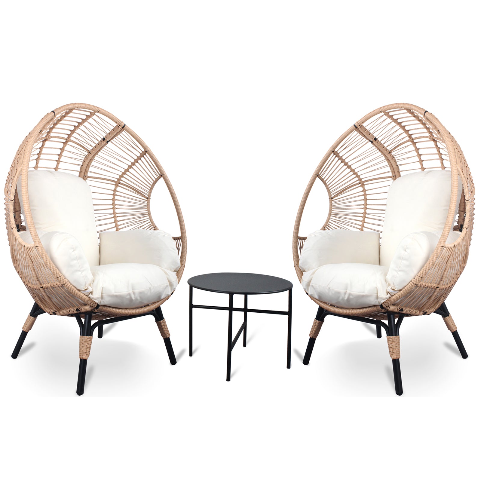 3 Pieces Patio Egg Chairs Model 2 With Side Table Set,Natural Color Pe Rattan And Beige Cushion Yes Natural Complete Patio Sets Foam Steel