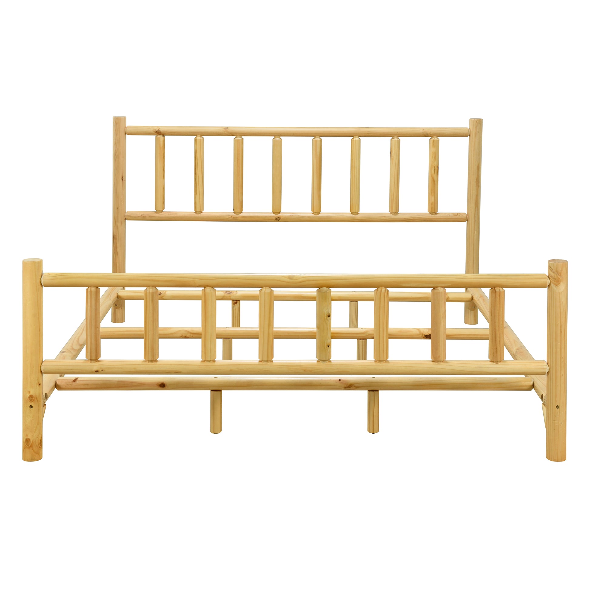 Farmhouse Log Bed Frame King Rustic Style Pure Solid Pine Cylinder Construction Bed Fits Mattresses And Box Springs, Natural Finish King Natural Pine