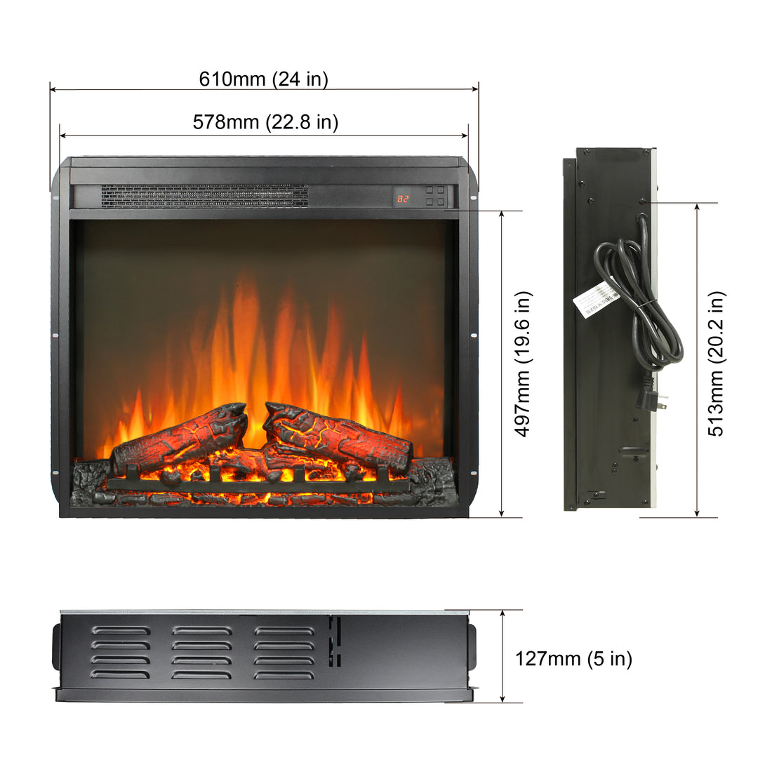 23 Inch Electric Fireplace Insert, Ultra Thin Heater With Log Set & Realistic Flame, Remote Control With Timer, Overheating Protection Powder Coated Electric Antique Black Vent Free Yes Insert Tempered Glass Sheet Metal Electric
