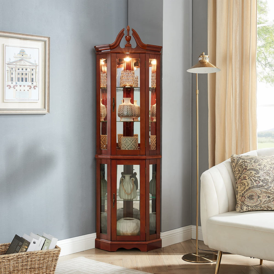 Walnut Corner Curio Cabinet With Lights,