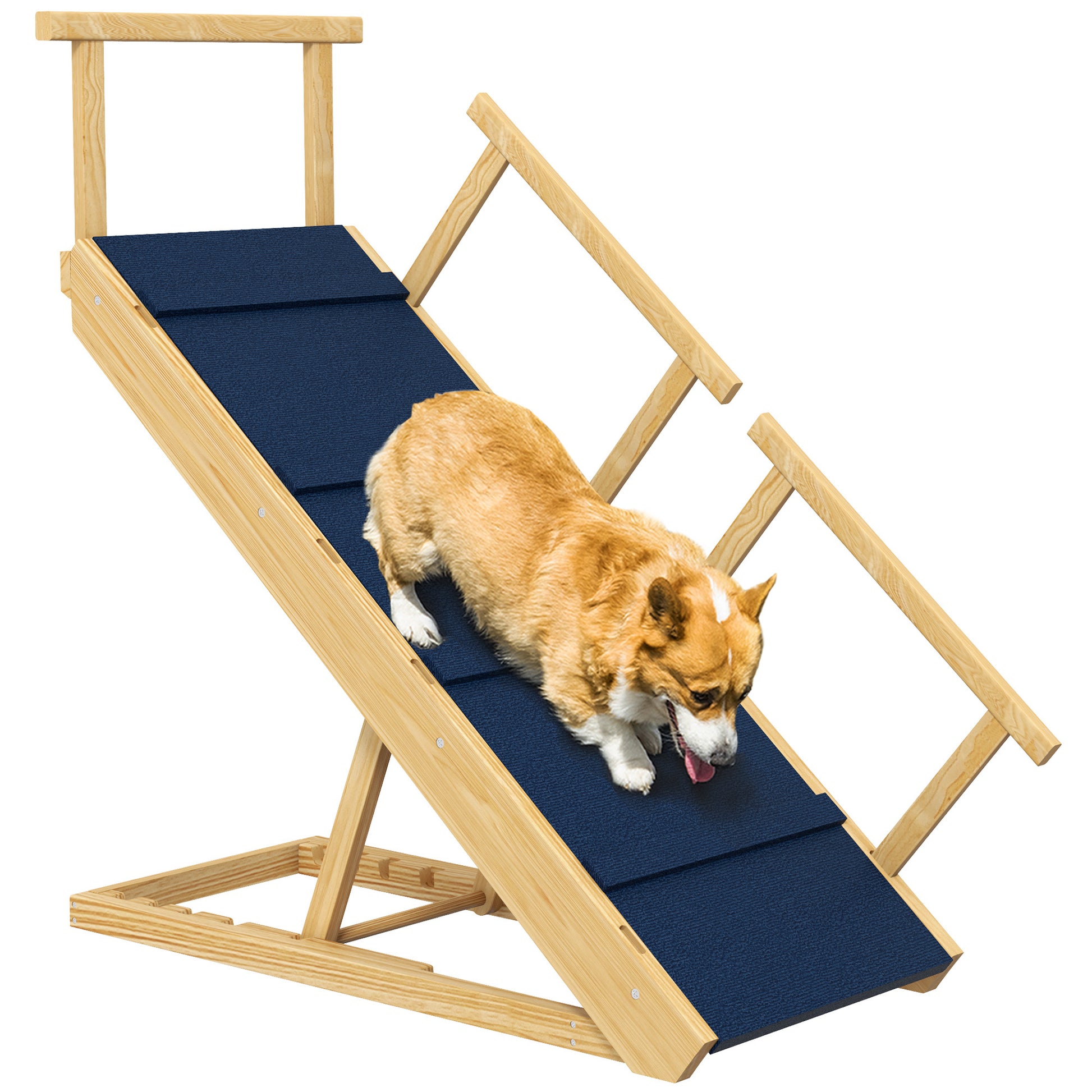 Pawhut Dog Ramp, Adjustable 4 Height Pet Ramp, Foldable Wooden Dog Stairs With Non Slip Mat For Small To Large Dogs To Get On High Bed Or Sofa Couch, Natural Wood Finish Natural Wood Wood