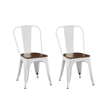 2Pc Contemporary Aesthetic Modern High Gloss White With Walnut Wooden Seat Industrial Metal Dining Chairs White Dining Room Wipe Clean Square Contemporary,Industrial,Modern Dining Chairs Set Of 2