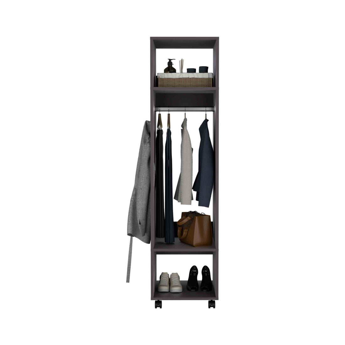 Cluster 63" Tall Wardrove With Mirror, Three Shelves, Casters And Hanging Rod, Armoire, Bedroom Clothes Storage, Cabinet Organizer Black Particle Board