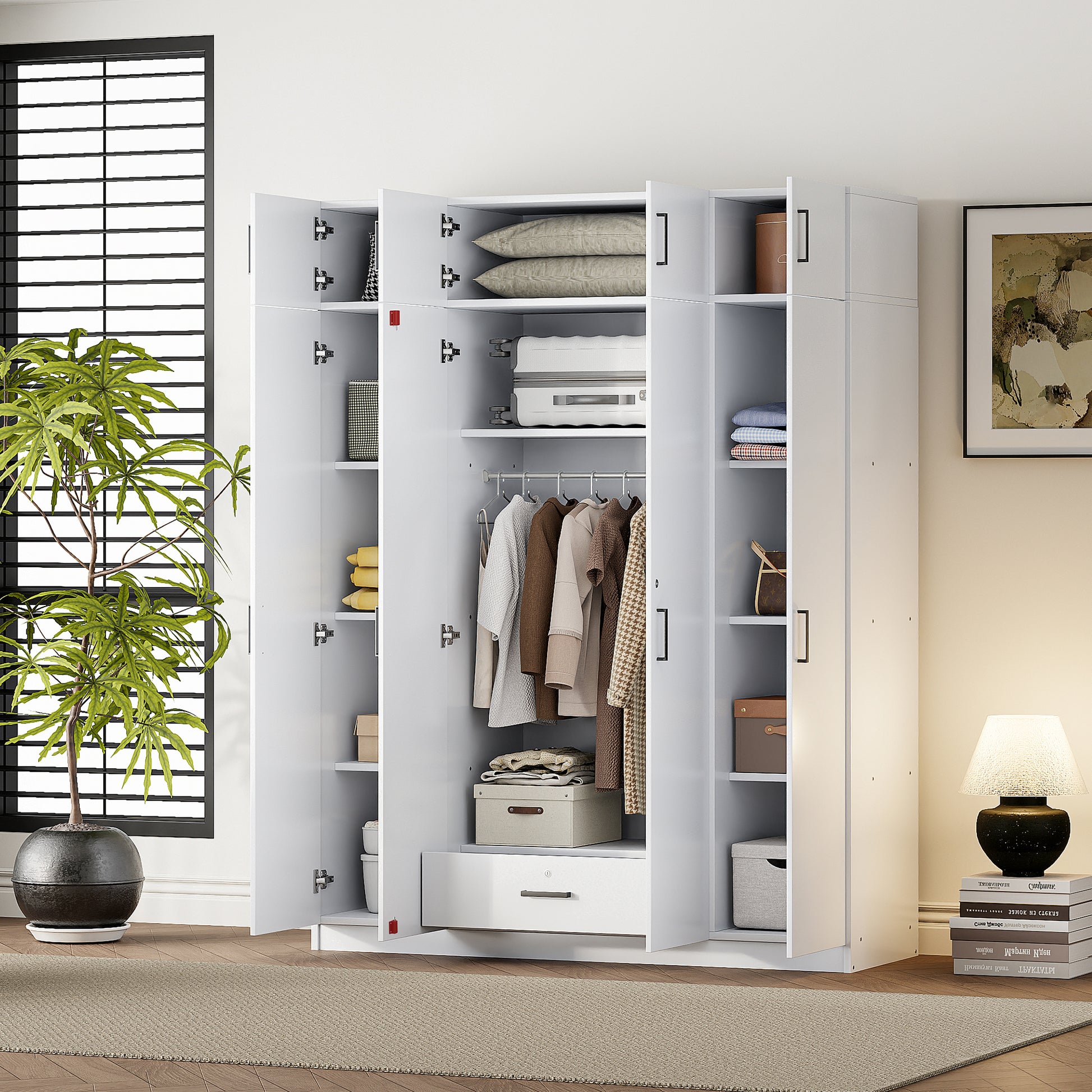 4 Door Wardrobe With 1 Drawer And Top Cabinetwhite White White Bedroom Contemporary Particle Board