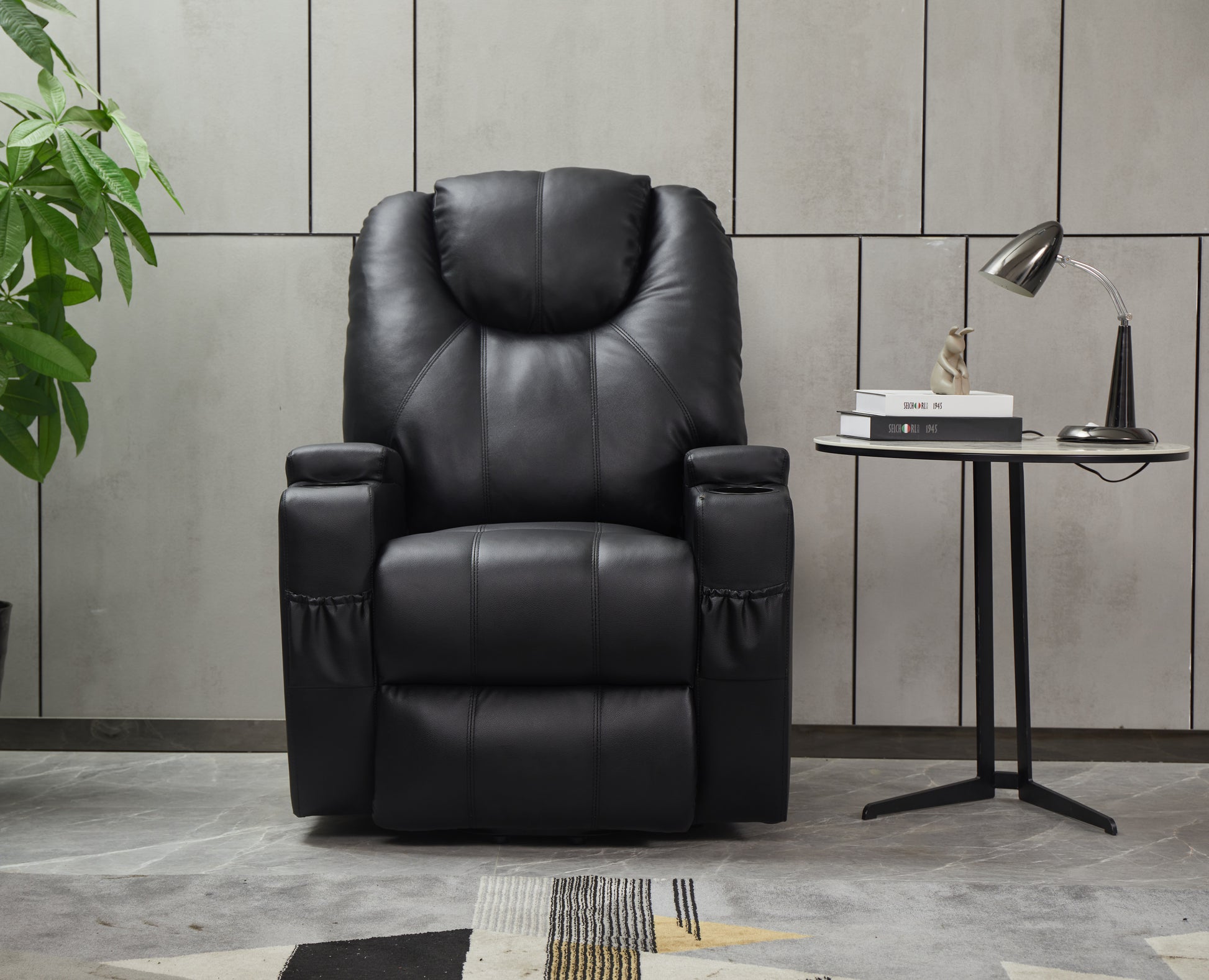 Recliner Chair Modern Recliner Sofa Faux Leather Recliners With Cup Holders,Remote Control Black Faux Leather