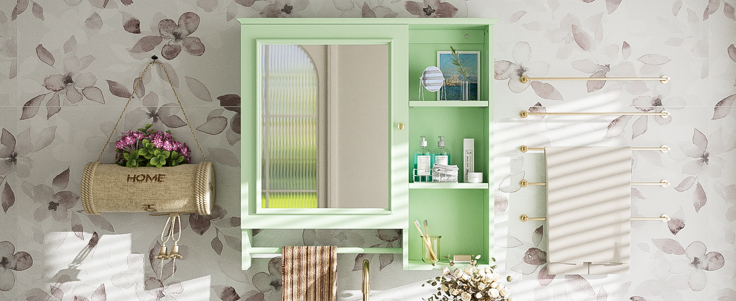 Wall Mounted Bathroom Storage Cabinet, Medicine Cabinets With Large Mirror Door, Adjustable Shelves And Three Open Storage Levels Not Include Bathroom Vanity Green 1 5 Mirror Included Bathroom Wall Mounted Mdf Glass Painted