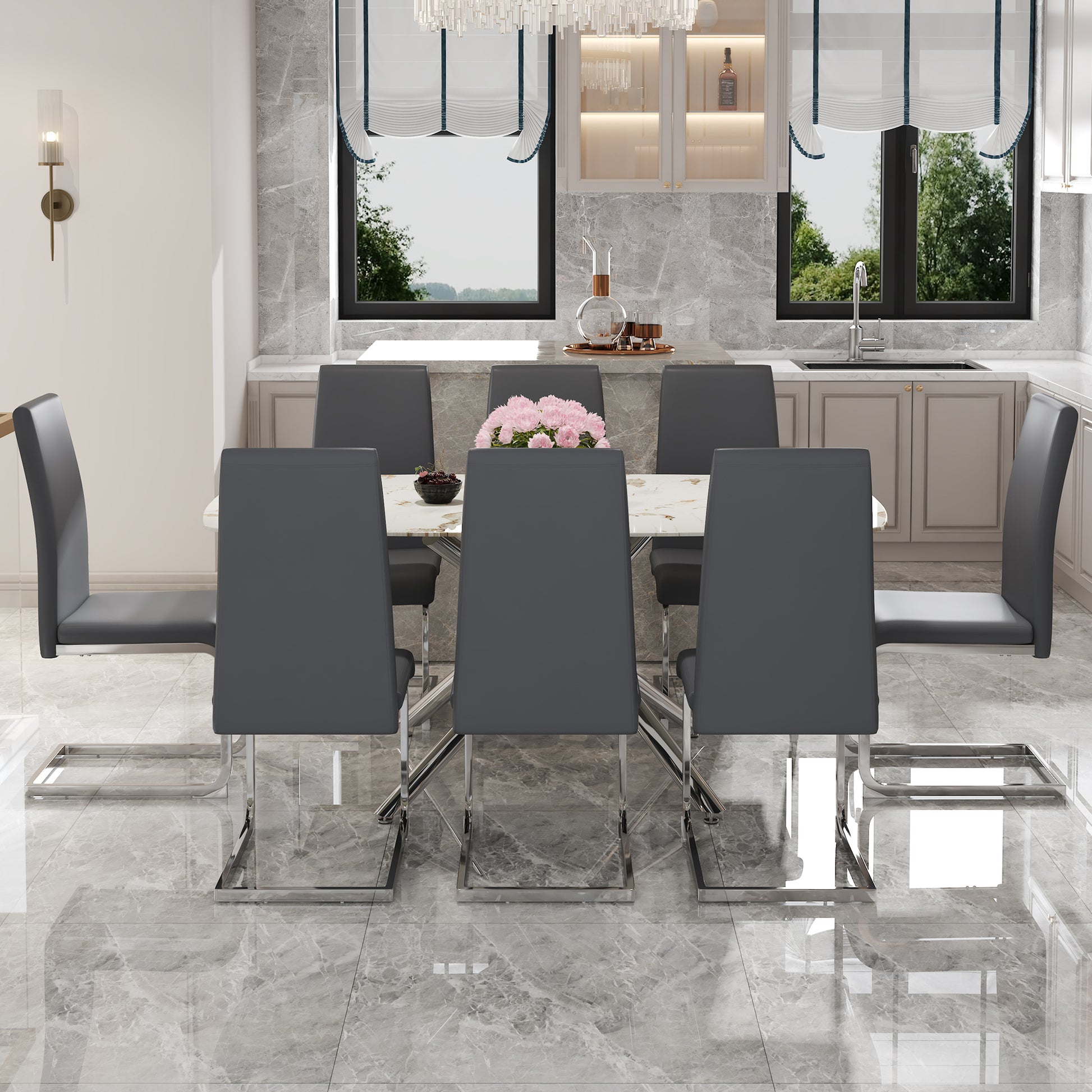 Table And Chair Set, Large Modern Minimalist Rectangular Dining Table, 0.39 "Imitation Marble Tabletop And Silver Metal Legs, Soft Leather Seats. F 1537 Silver Glass Metal