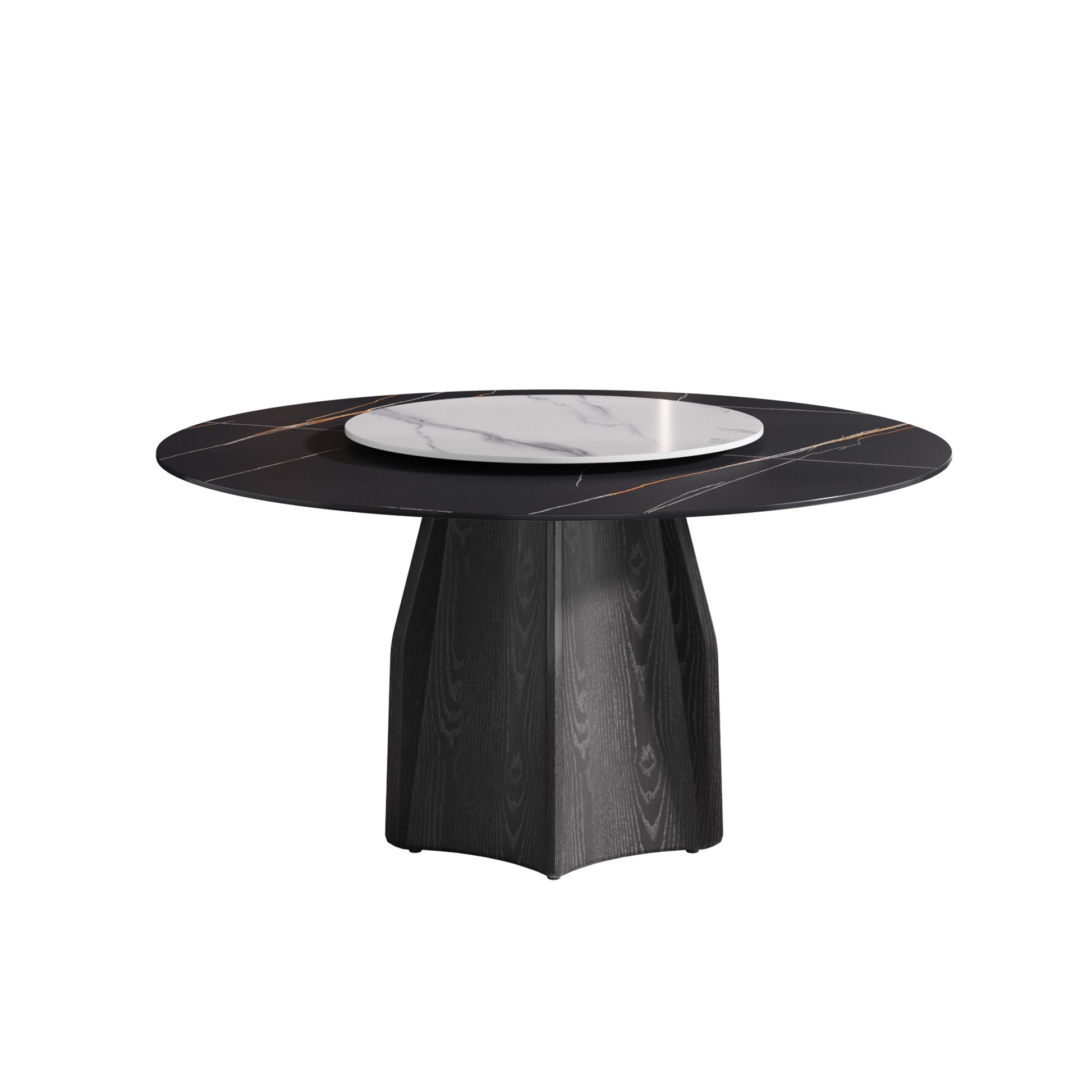 59.05" Round Marble Dining Table With Black Textured Solid Wood Base, Artificial Marble For 6 8 People, 31.5"White Artificial Stone Turntable,White&Black Dining Table Only Black,White Dining Room