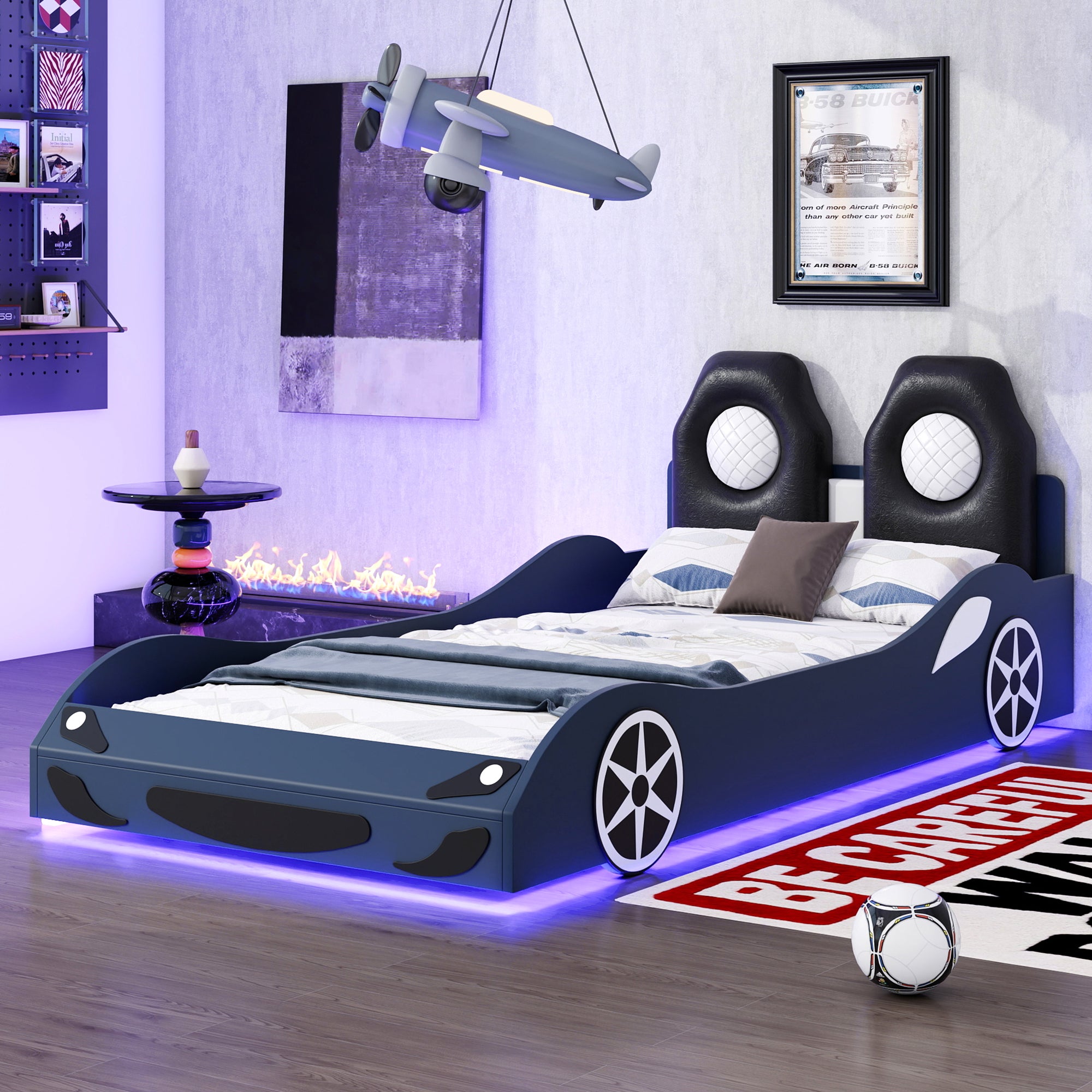 Wood Twin Size Race Car Shaped Platform Bed With Led And Upholstered Backrest, Blue Box Spring Not Required Twin Blue Wood Faux Leather,Solid Wood Mdf