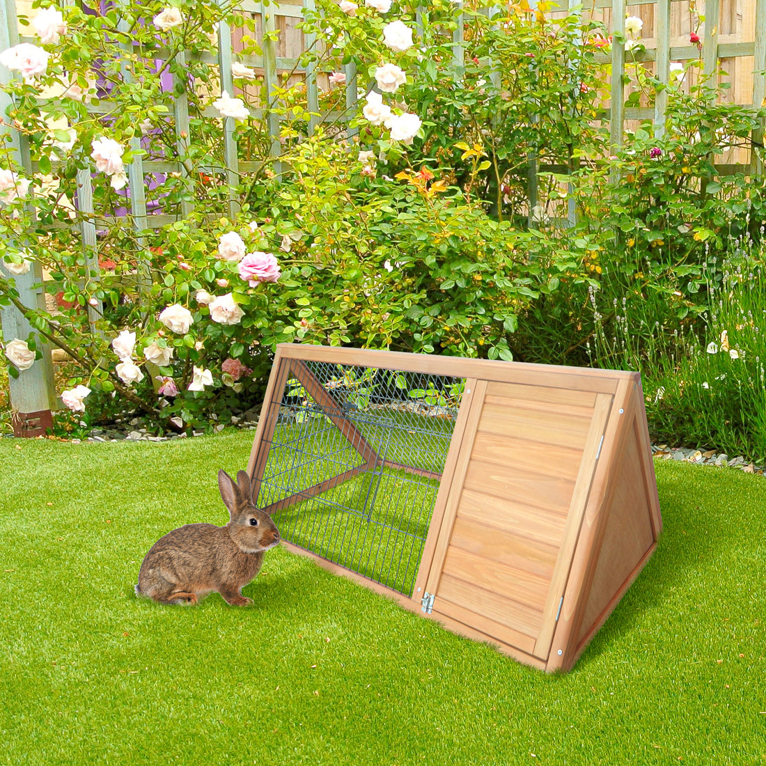 Pawhut 46" X 24" Wooden A Frame Outdoor Rabbit Cage Small Animal Hutch With Outside Run & Ventilating Wire, Yellow Yellow Wood