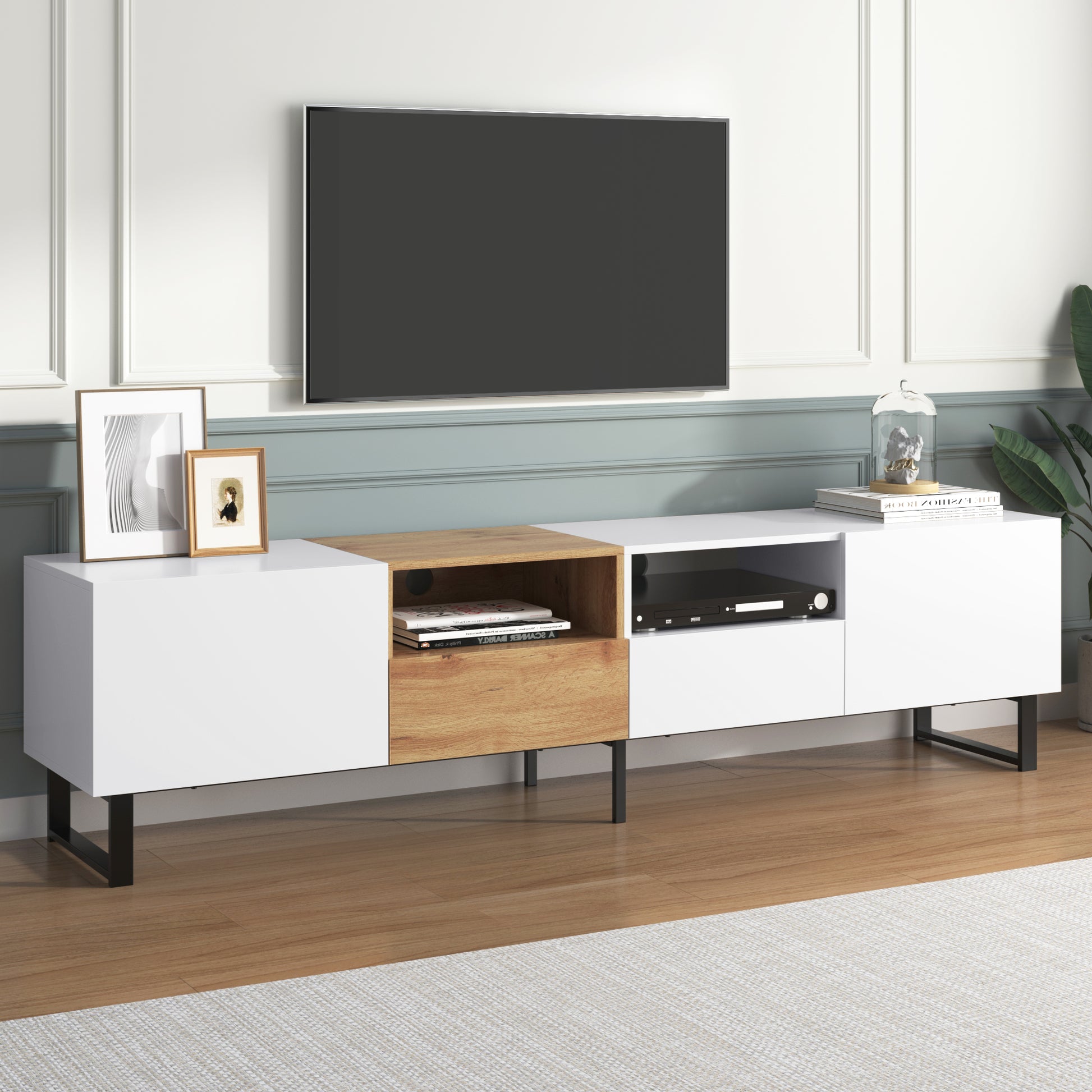 Modern Tv Stand With 2 Cabinets& Open Storage Compartment, Color Matching Media Console Table For Tvs Up To 85'', Entertainment Center With Drop Down Door For Living Room, Bedroom, Home Theatre Wood Brown Primary Living Space 70 79 Inches 90 Inches Or