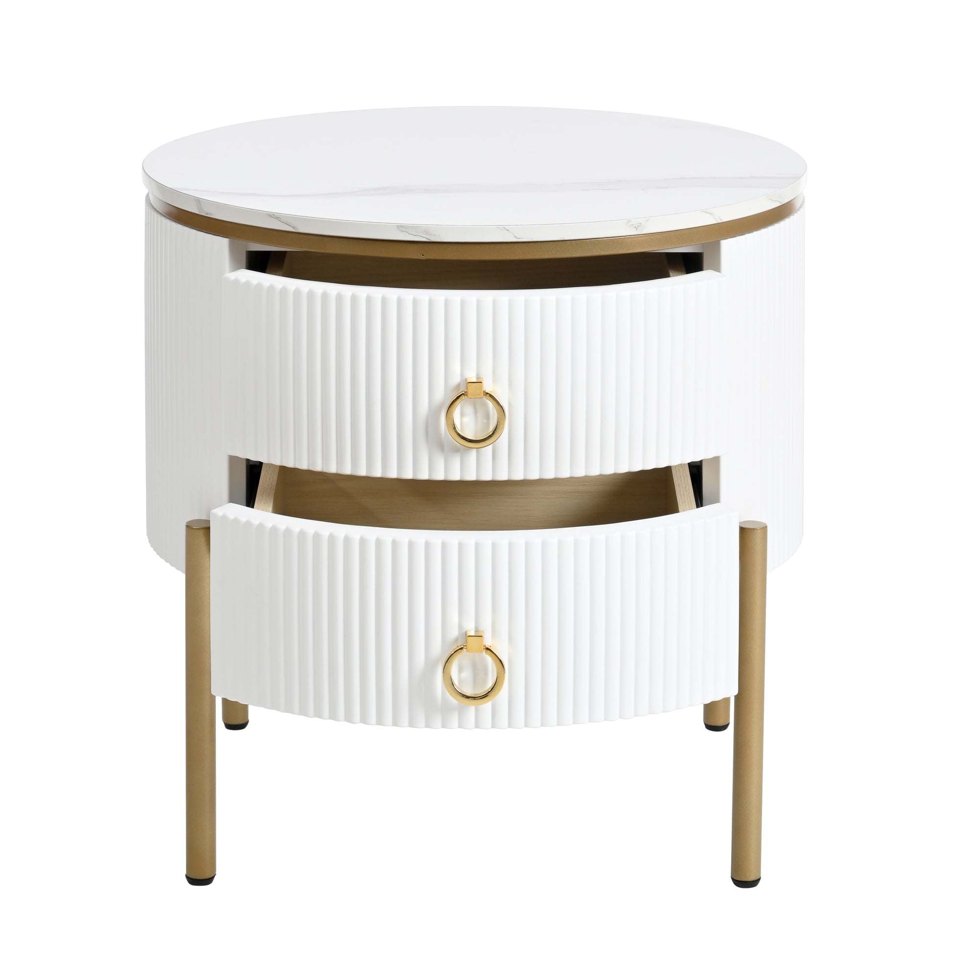 19.6'' Easy Assembly Round End Table With Storage Drawers, Fluted Nightstand With High Gloss Faux Marble Tabletop, Modern Coffee Table With Metal Legs And Handles For Living Room, White White Gold Primary Living Space Drawers Round Mdf Iron