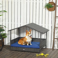 Pawhut Wicker Dog House Outdoor With Canopy, Rattan Dog Bed With Water Resistant Cushion, For Small And Medium Dogs, Dark Blue Blue Rattan