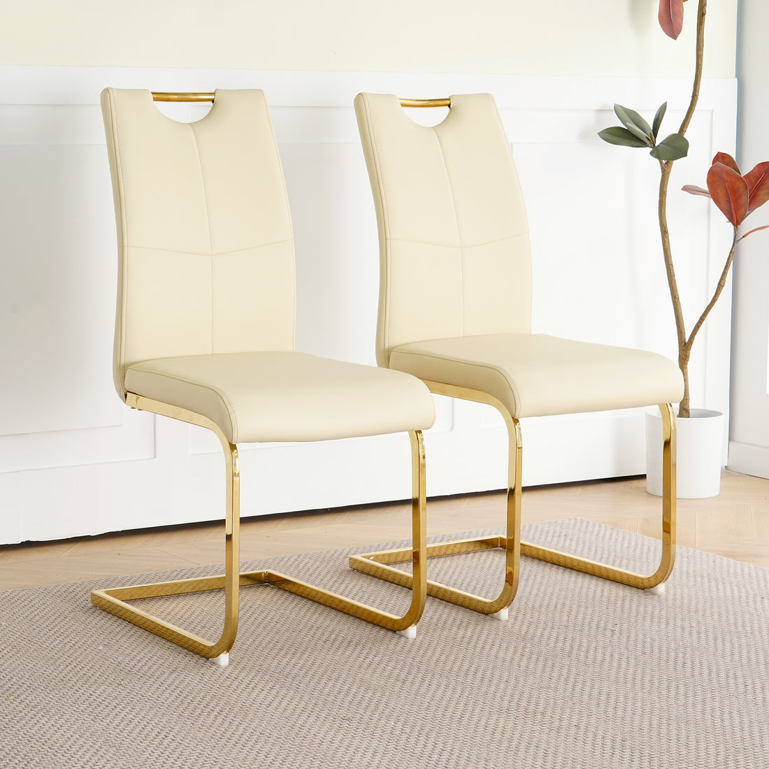 Modern Pu Dining Chair Living Room Chair Upholstered Chair, Gold Metal Chair Leg Design, Kitchen, Living Room, Bedroom, Dining Room Side Chair Set Of 2 Light Yellow Metal