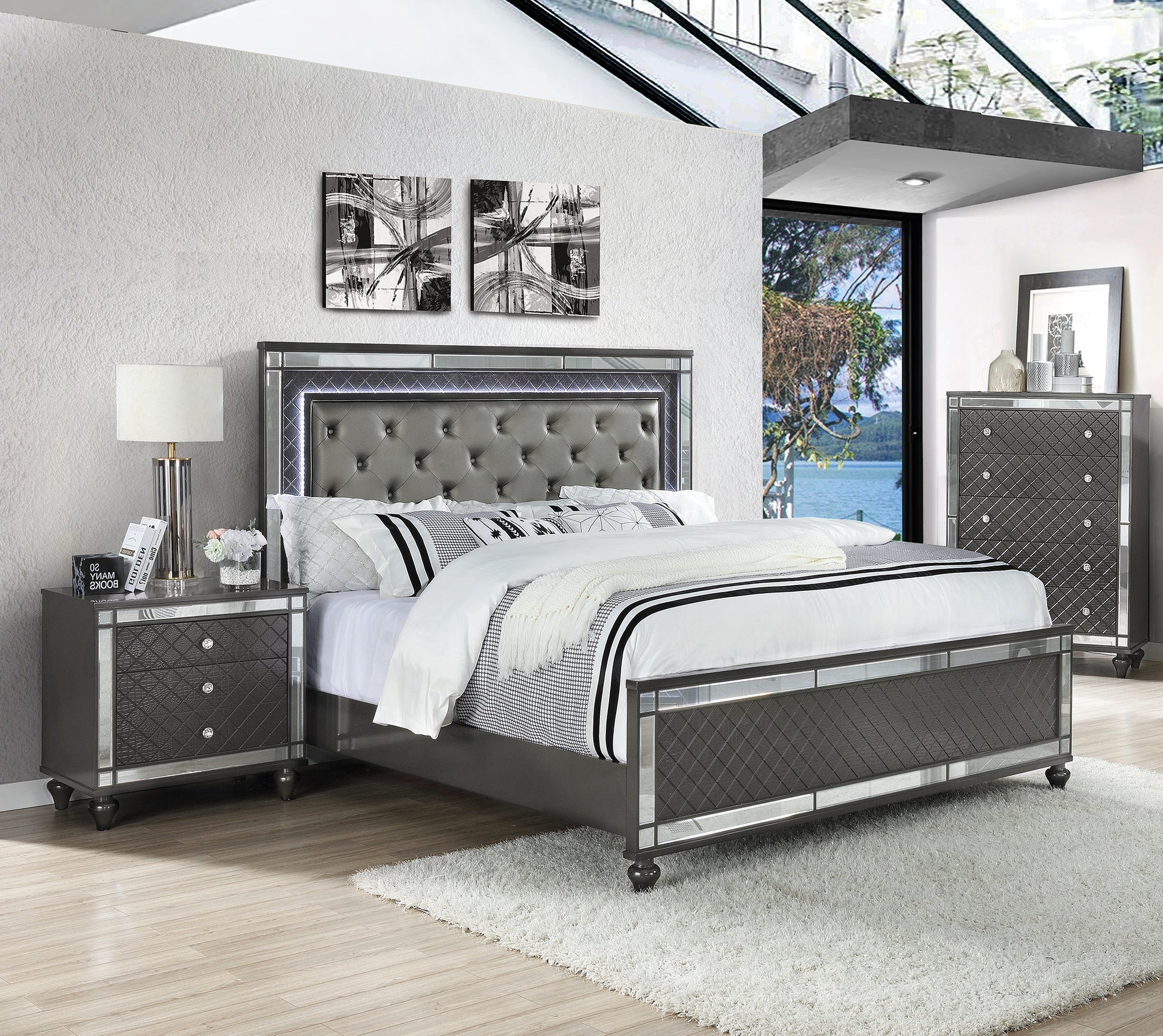 1Pc Glam Contemporary Style 5 Drawer Chest Storage Drawers W Mirror Plating Tapered Legs Gray Finish Bedroom Solid Wood Wooden Furniture Gray Bedroom Solid Wood