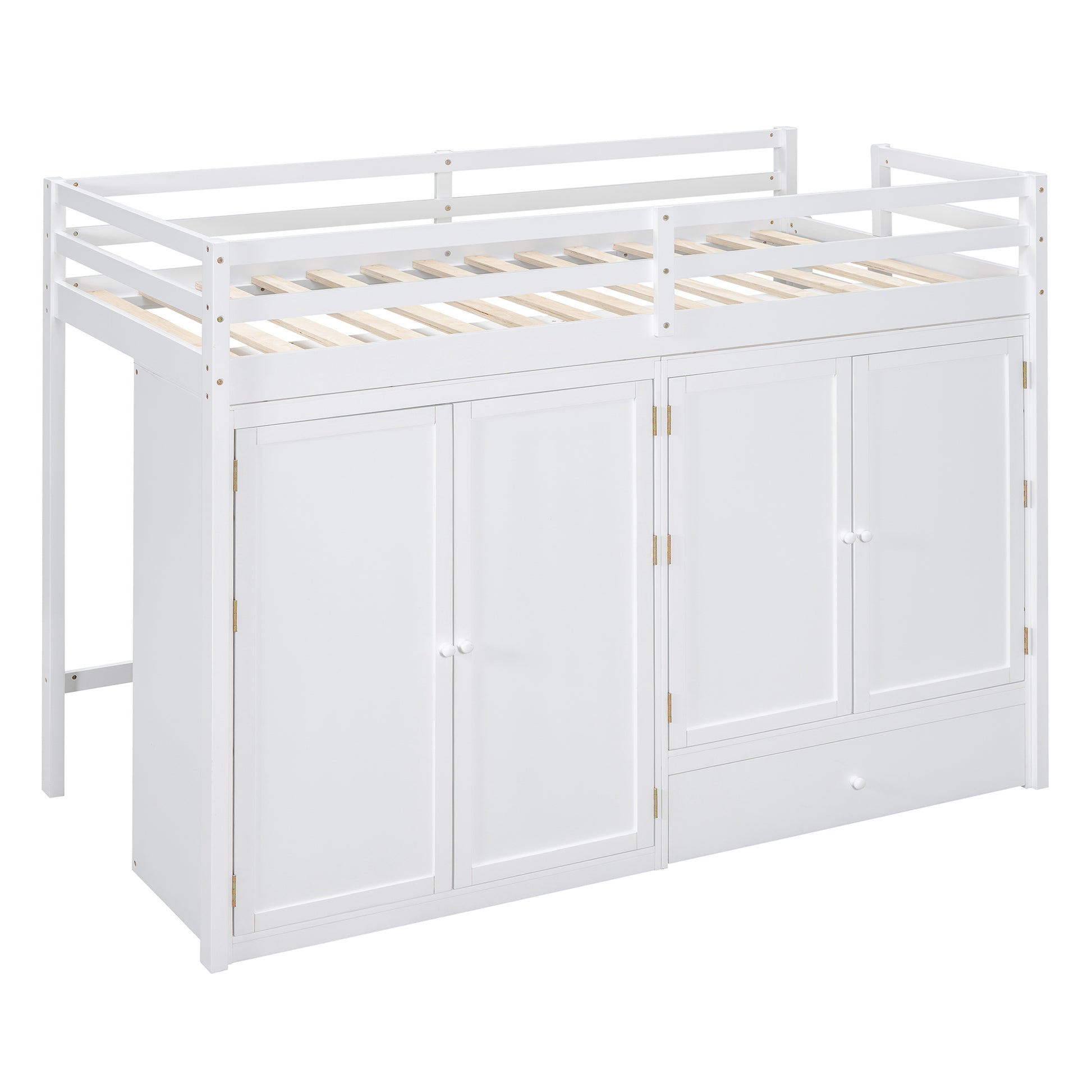 Twin Size Loft Bed With Drawer, Two Wardrobes And Mirror, White White Solid Wood Mdf