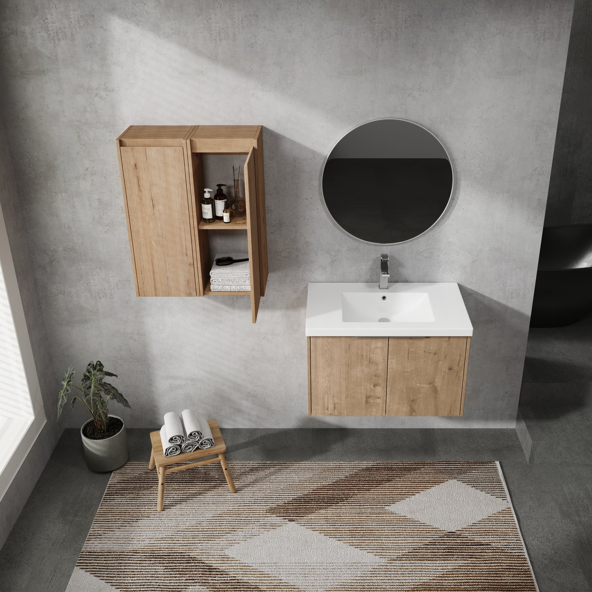 30" Wall Mounted Bathroom Vanity With Sink And Side Cabinet, Soft Close Doors,00112Imo X 2 00630Imo Combination Cabinet Kd Packing Imitative Oak Bathroom Modern Plywood Plywood