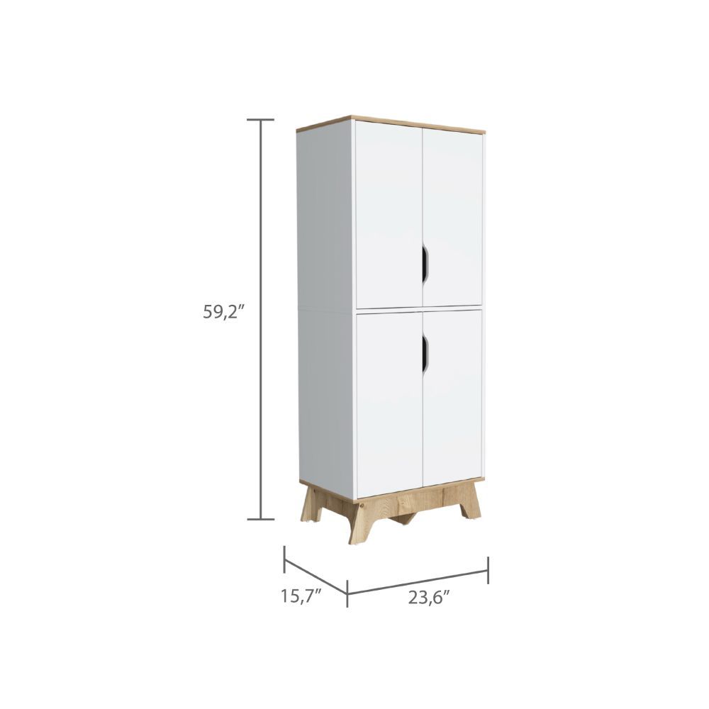 Multistorage Cabinet 59" H, Four Doors, Four Internal Shelves, Light Oak White Multicolor Particle Board Particle Board