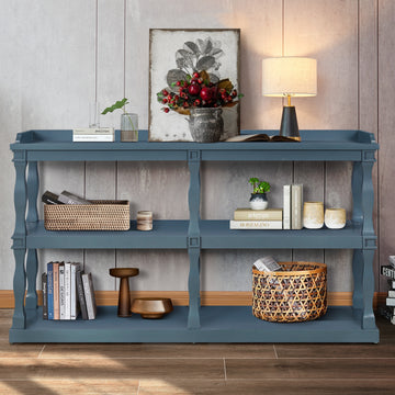 Console Table With 3 Tier Open Storage Spaces And Roman Column Effect Support Legs,Narrow Sofa Entry Table For Living Room, Entryway And Hallway Navy Blue Navy Blue Primary Living Space Floor Mount Open Storage Console Tables Glossy Mdf Mdf