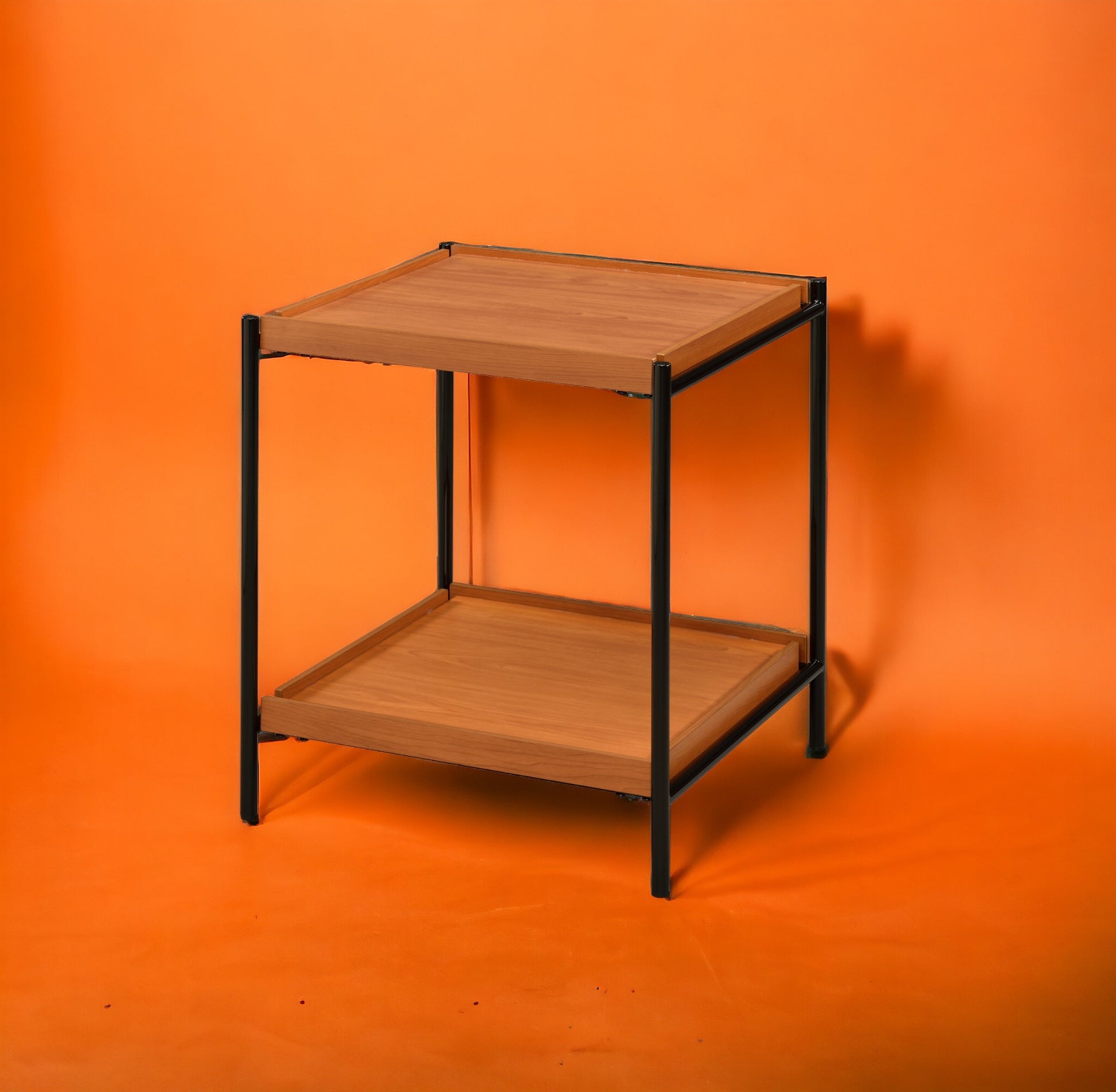 Honey Oak And Black End Table With Shelf Honey Primary Living Space Shelves Square Wood Metal