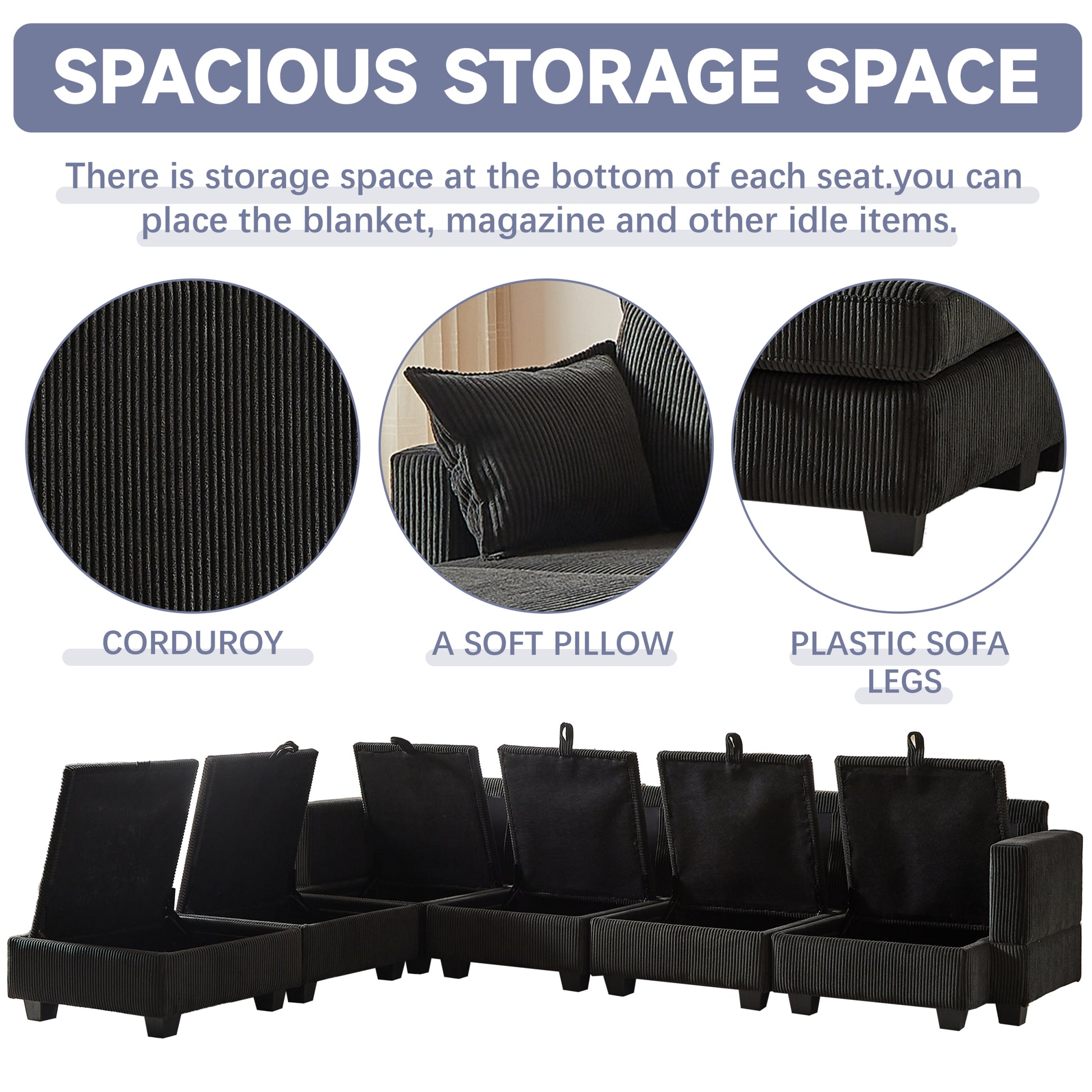 113.5'' Modular Sectiona Corduroy Sofa, Sectional Couches For Living Room U Shaped Sectional Couch With Storage Ottoman, 6 Seats Convertible Sectionals With Chaise Black Corduroy 6 Seat