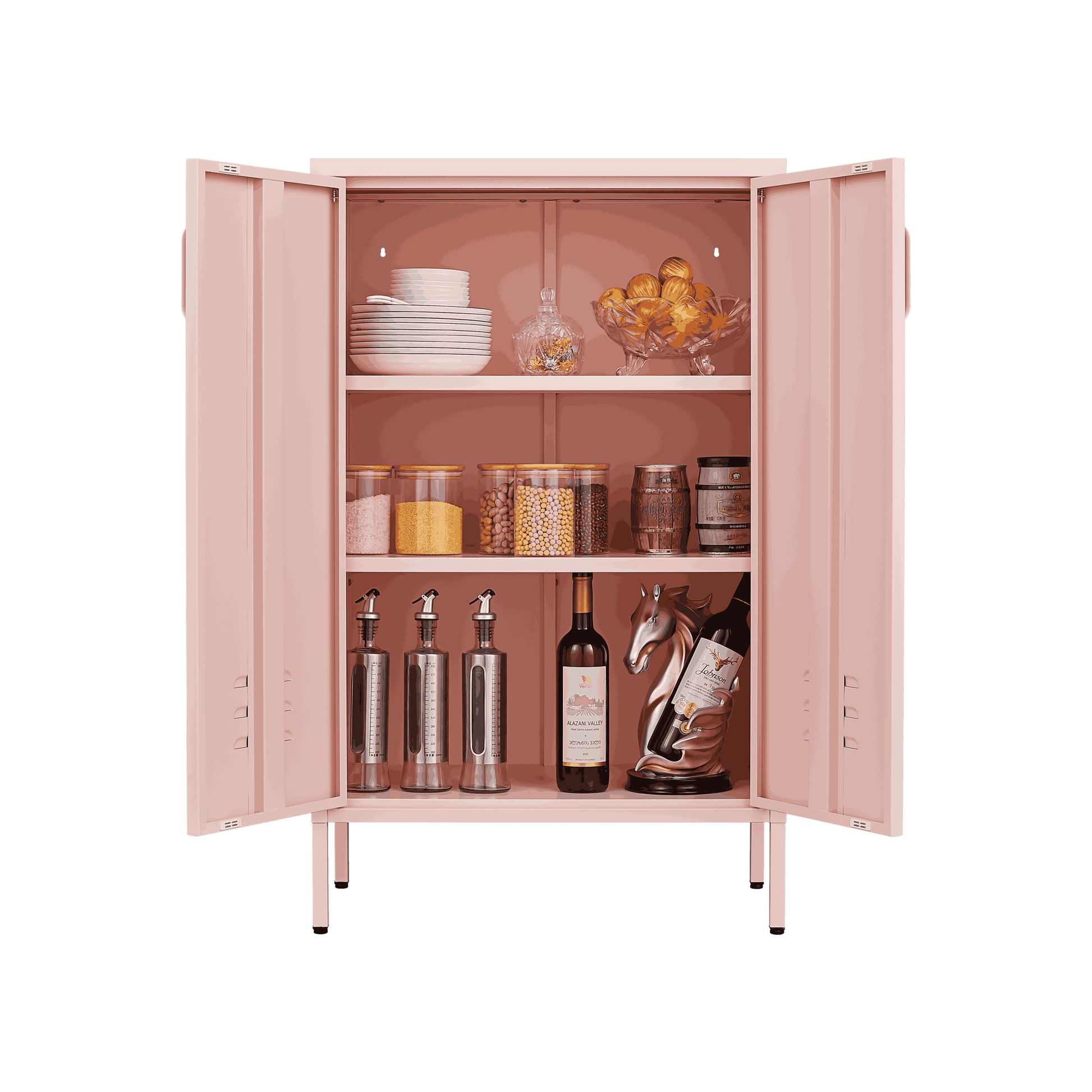 Pink Steel Double Door Cabinet With Handles, With Removable Dividers And Adjustable Height. Suitable For Living Room, Office, Bedroom, Study And Other Places. 3 4 Shelves Pink Metal