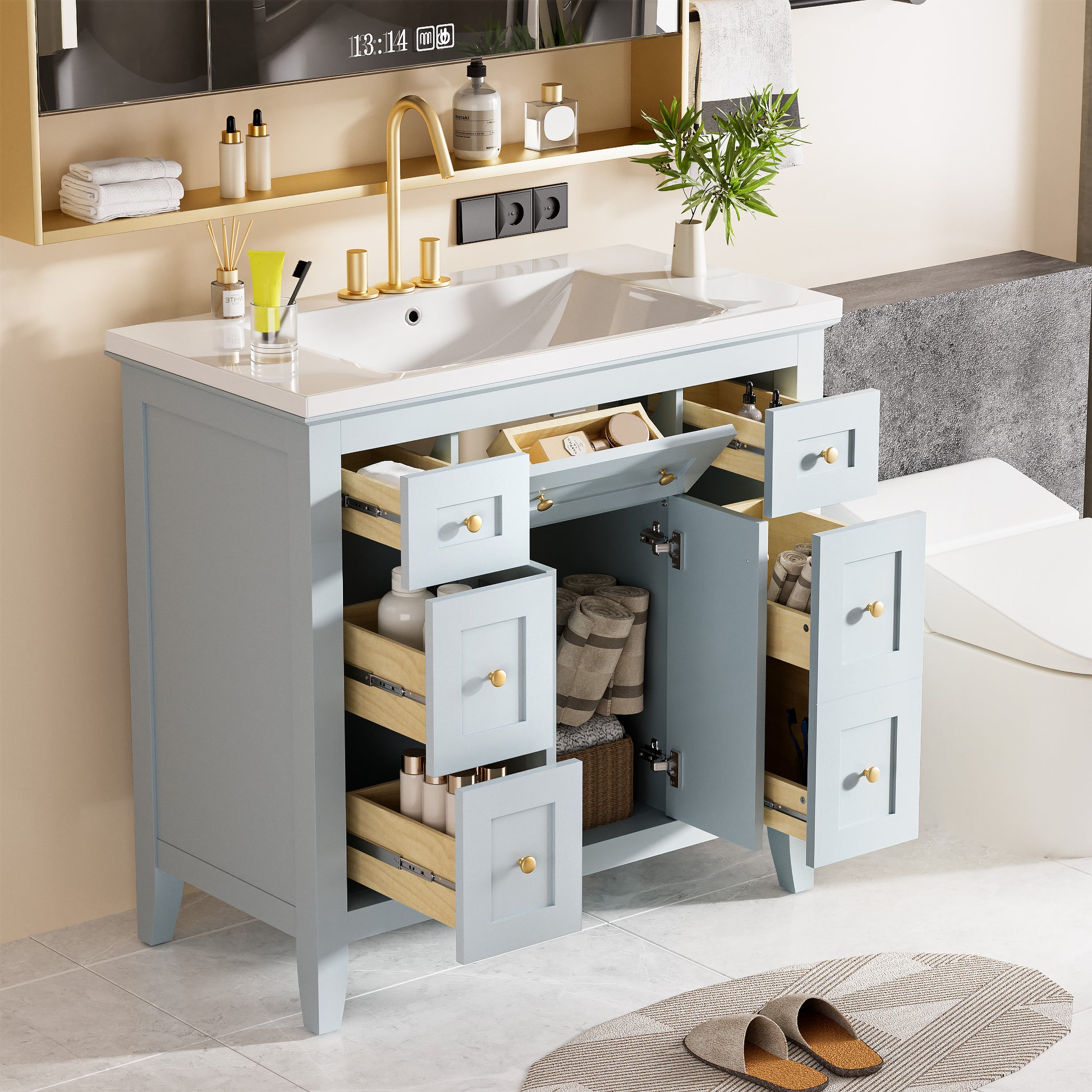 36'' Bathroon Vanity With Resin Sink Combo Set, Modern Freestanding Single Bathroom Cabinet With 6 Drawers & 2 Cabinets, Storage Cabinet For Bathroom, Solid Wood Frame Vanity Set, Light Blue 4 Light Blue 2 Bathroom Freestanding Modern Solid Wood Mdf