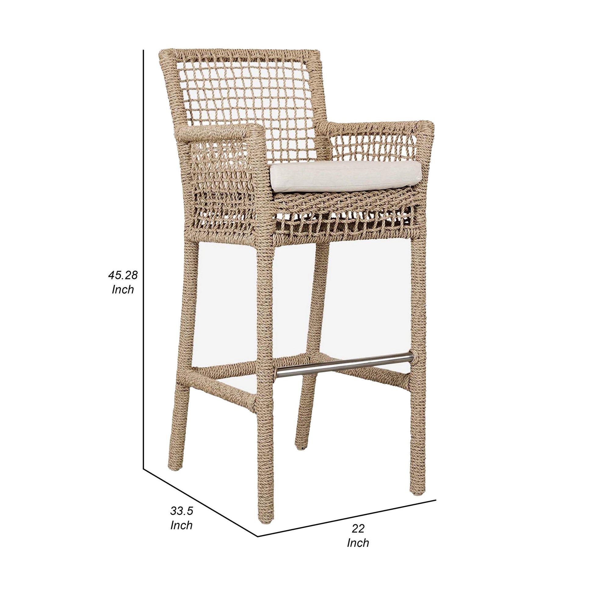 Zev 31 Inch Outdoor Bar Stool Chair, Rope Woven, Ivory Olefin Fabric Seat Brown Aluminum