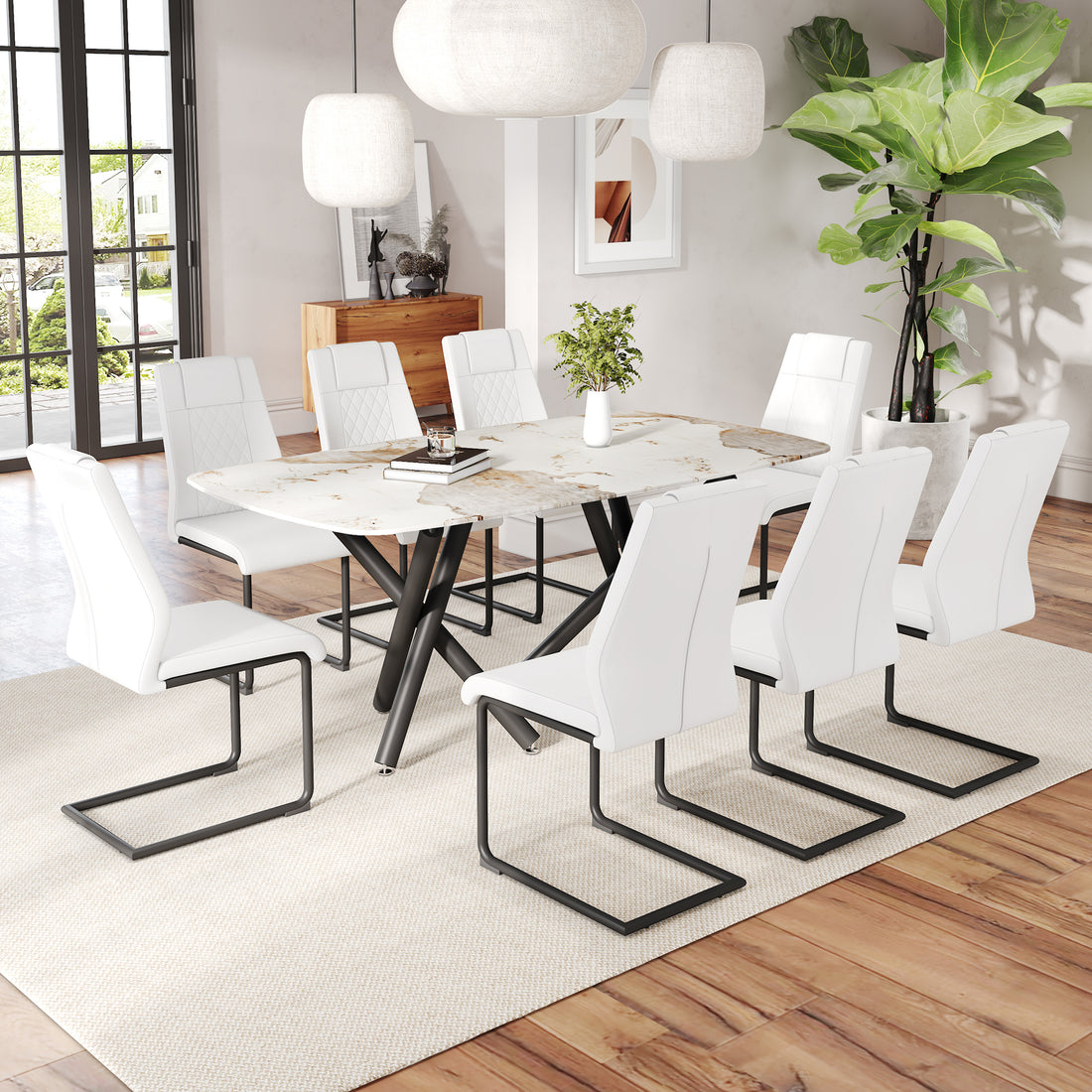 1 Table And 8 Chairs Set.A Rectangular Dining Table With A 0.39 Inch Imitation Marble Tabletop And Black Metal Legs.Paired With 8 Chairs With Pu Leather Seat Cushion And Black Metal Legs.F 1538,C