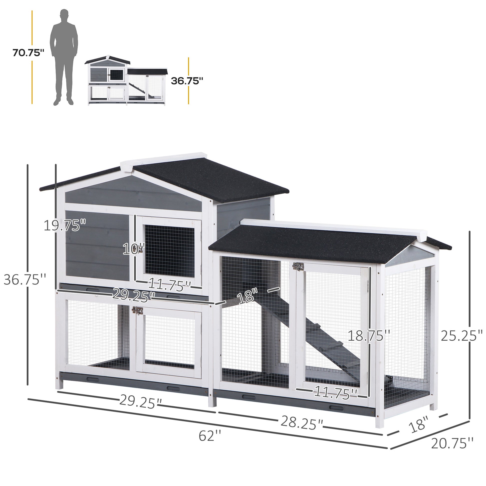 Pawhut 62" Rabbit Hutch, Wooden Bunny Hutch, Guinea Pig Cage, Small Animal Enclosure With Run Area, Removable Tray, Asphalt Roof, Lockable Doors And Ramp, Gray Grey Wood