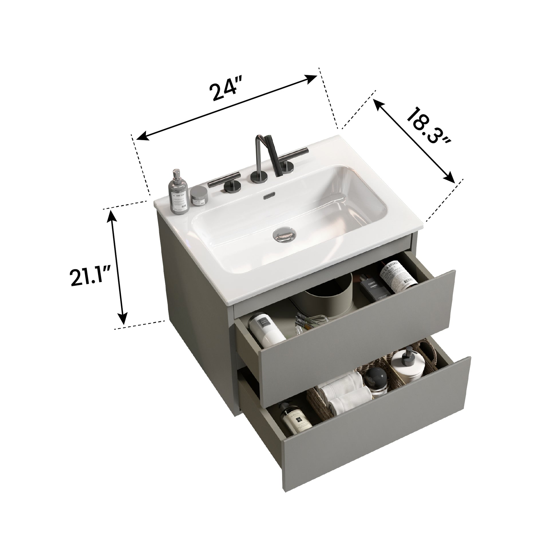 Tia 24" Wall Mount Space Grey Bathroom Vanity With Ceramic Sink With Three Faucet Holes, Large Storage Floating Bathroom Vanity For Modern Bathroom, One Piece Sink Basin Without Drain, Pre Assembled