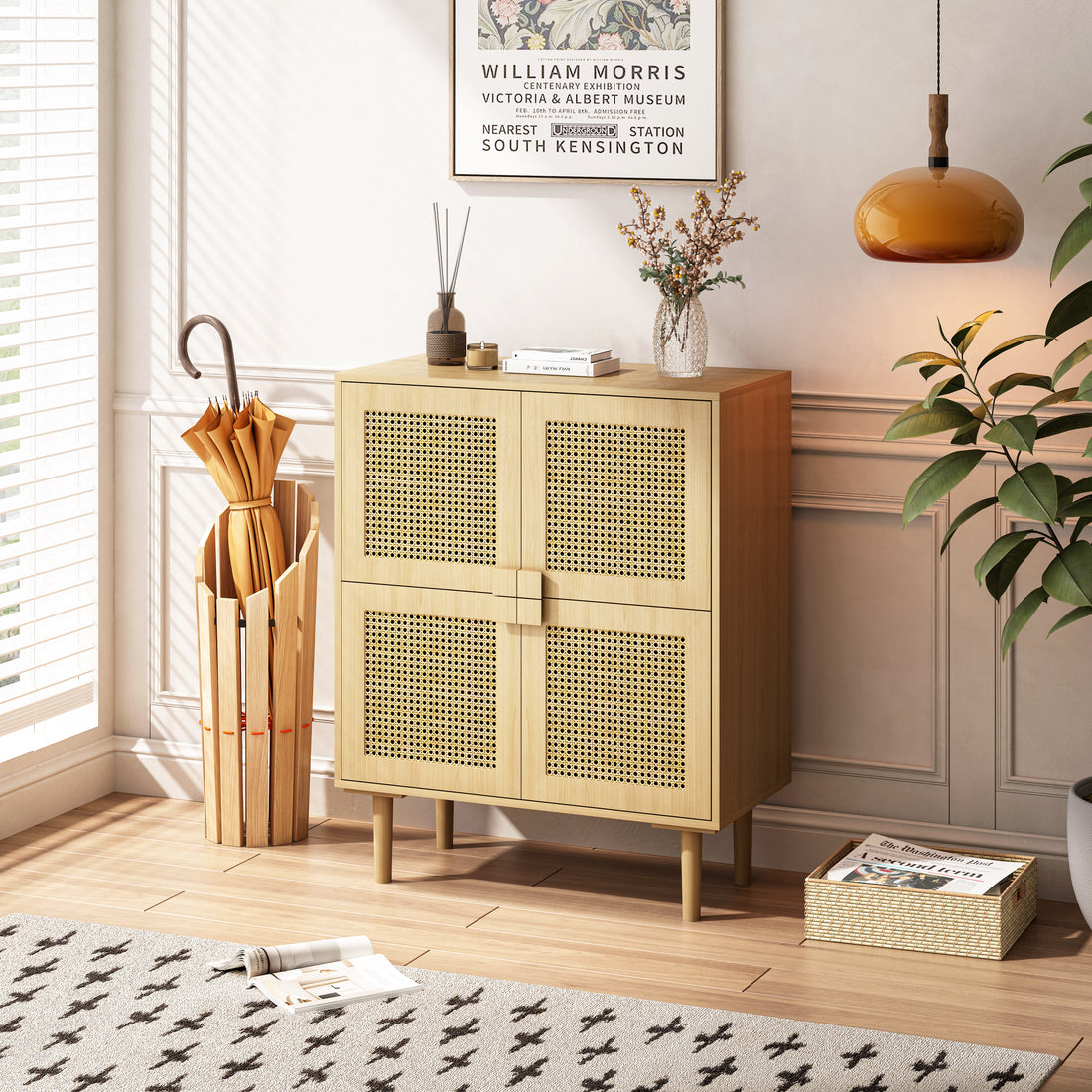 4 Doors Rattan Mesh Storage Cabinet, Sideboard With Eight Storage Spaces, For Entryway, Living Room, Hallway Natural 5 Or More Shelves Natural Primary Living Space Adjustable Shelves Mdf