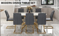 Table And Chair Set.Modern Luxurious Tempered Glass Dining Table Set With 8 Gold Metal Legs And Pu Chairs.White Marble Patterned Sticker Tabletop,Dark Gray Chairs With Gold Metal Legs. Gold,Gray