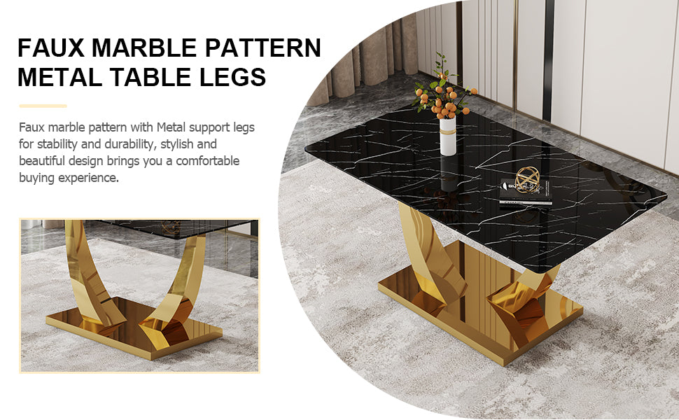 Table And Chair Set.Modern Rectangular Dining Table With Black Textured Stickers Glass Tabletop And Gold Plated Metal Legs.Paried With 4 Comfortable Chairs With Pu Seats And Golden Metal Legs. Dark