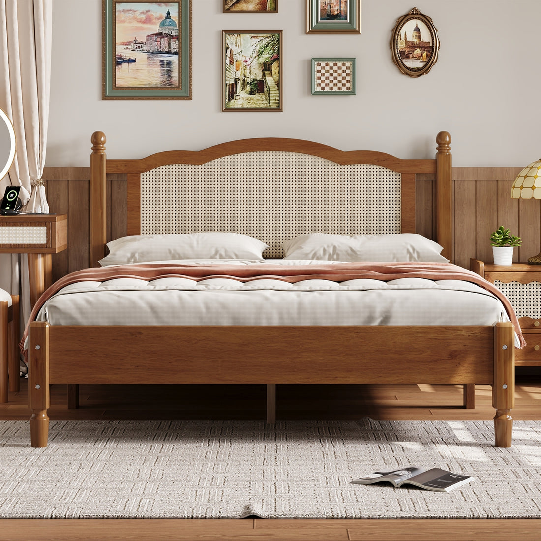 Queen Size Wooden Platform Bed With Natural Rattan Headboard, Vintage Bed Frame With Wooden Slat Support, Walnut Box Spring Not Required Queen Walnut Wood