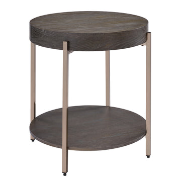 Dark Oak And Champagne 1 Shelf End Table Light Brown Primary Living Space Drawers Round Wood Metal